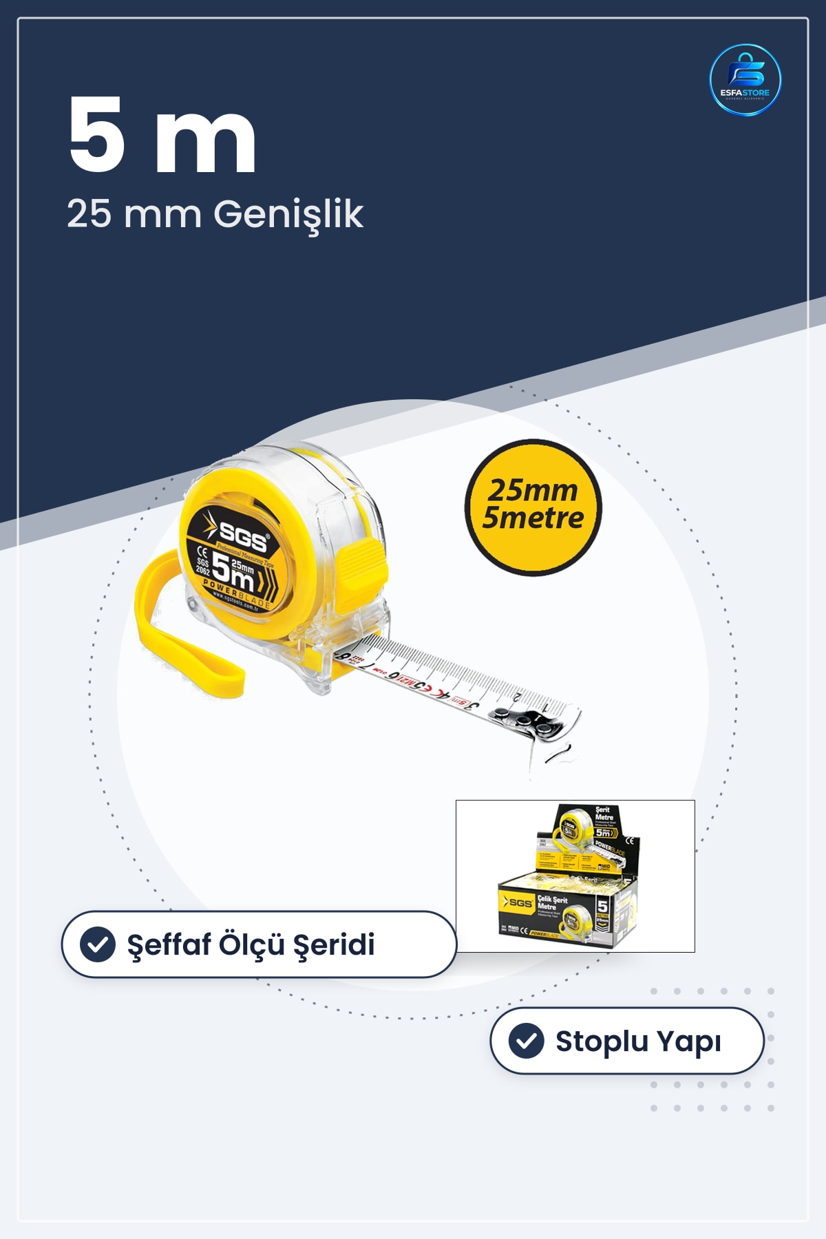 Şerit Metre 5 m x 25 mm Şeffaf Kasalı Stoplu Ölçüm Aleti Manuel Sarı Askı İpli Plastik Gövde