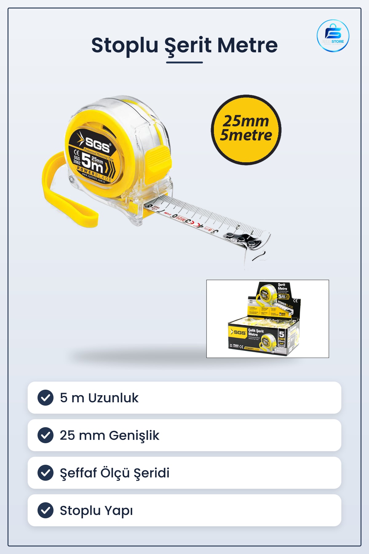 Şerit Metre 5 m x 25 mm Şeffaf Kasalı Stoplu Ölçüm Aleti Manuel Sarı Askı İpli Plastik Gövde
