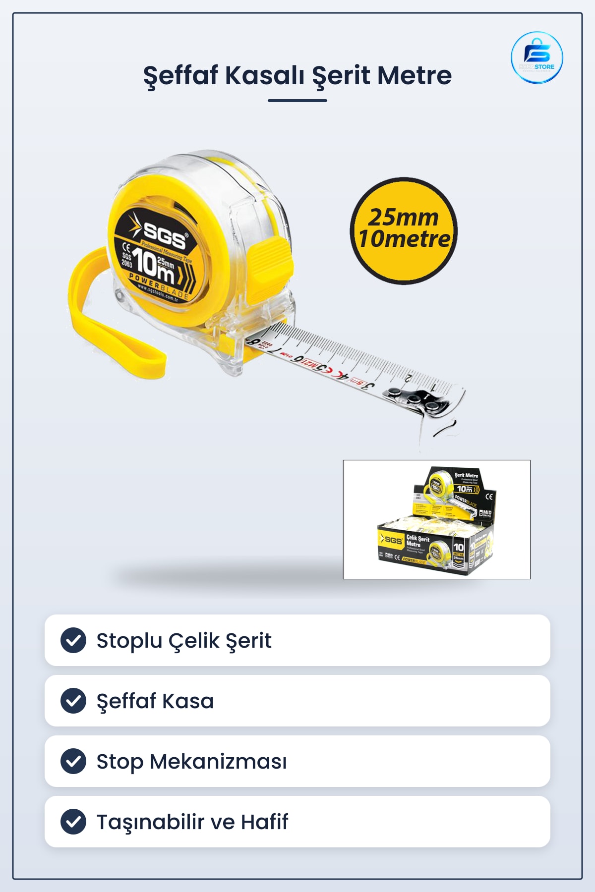 Şeffaf Kasalı Stoplu Şerit Metre 10 m 25 mm Hırdavat Ev Tadilat Marangozluk Atölye