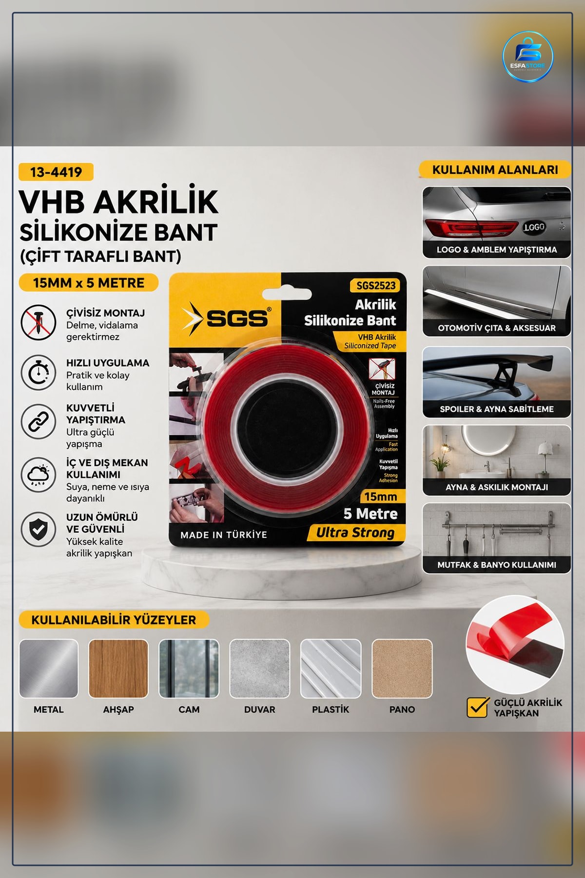 Akrilik Silikonize Çift Taraflı Bant 15 mm x 5 yd Yüksek Yapışma Duvar Dekor Montaj Sabitleme