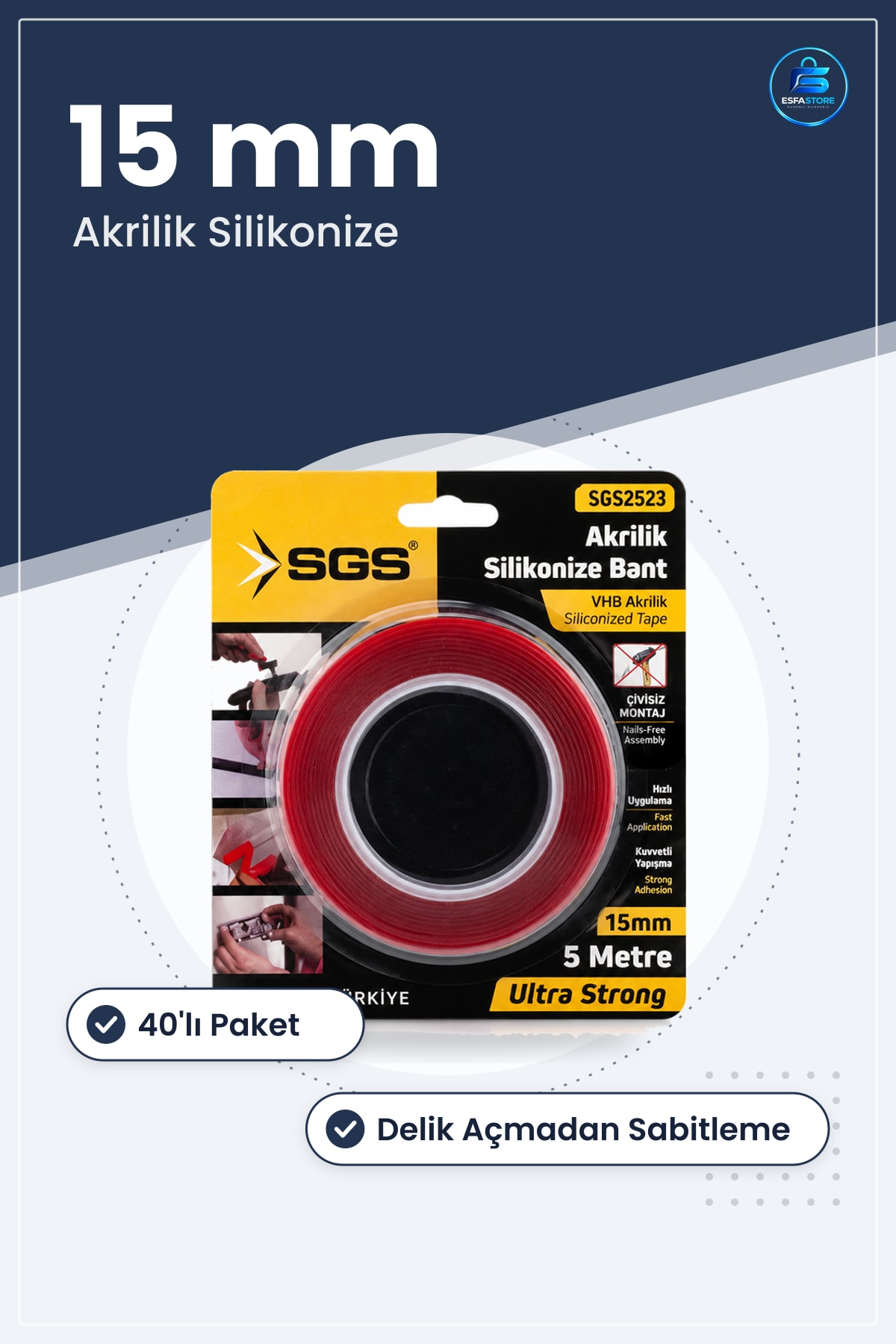Akrilik Silikonize Çift Taraflı Bant 15 mm x 5 yd Yüksek Yapışma Duvar Dekor Montaj Sabitleme