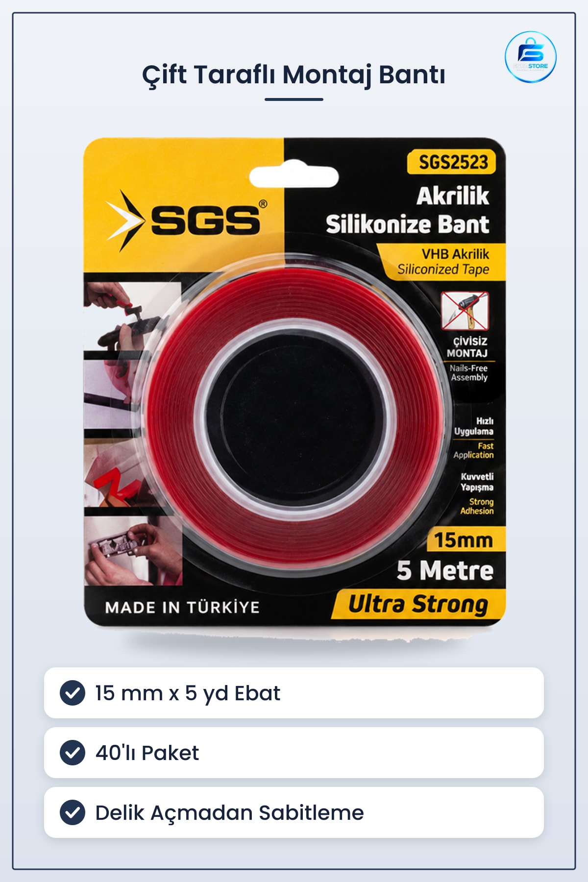 Akrilik Silikonize Çift Taraflı Bant 15 mm x 5 yd Yüksek Yapışma Duvar Dekor Montaj Sabitleme