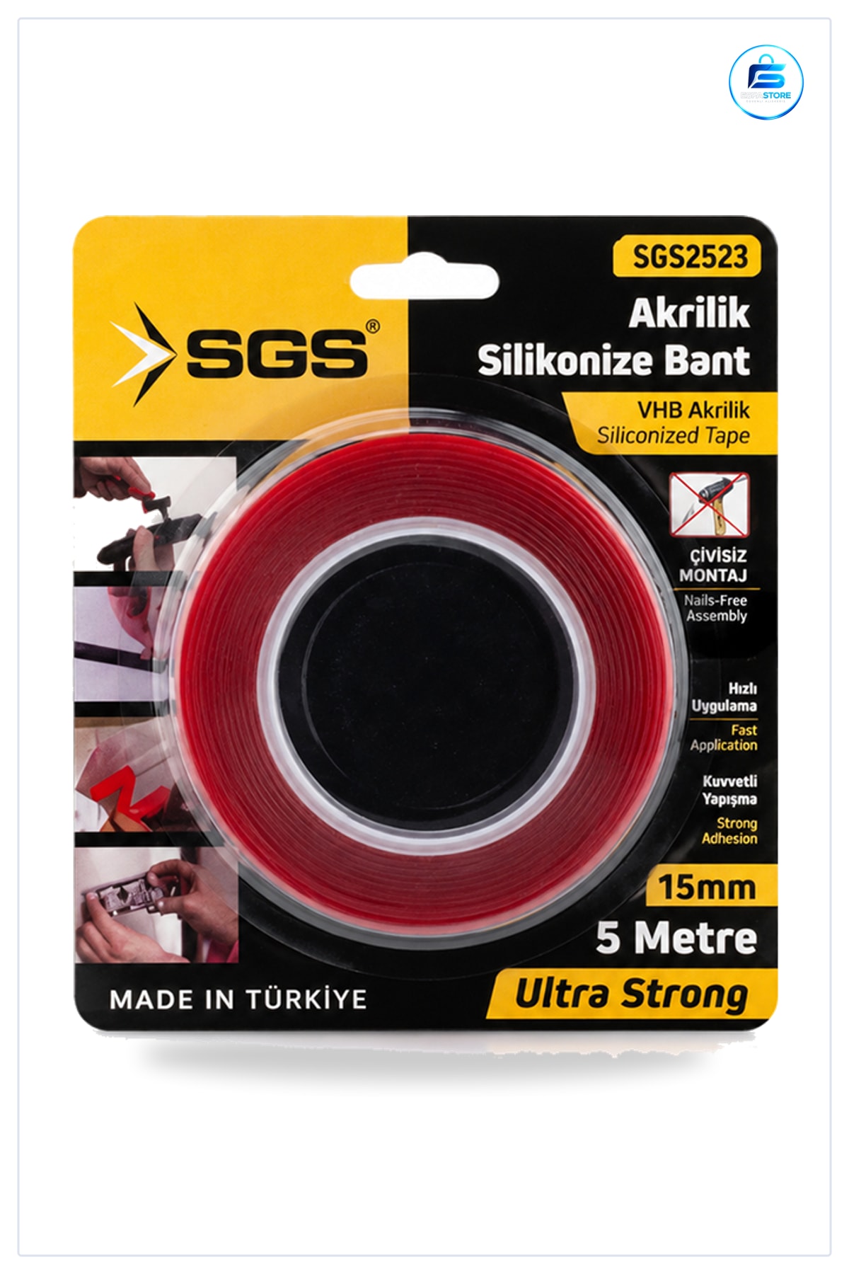 Akrilik Silikonize Çift Taraflı Bant 15 mm x 5 yd Yüksek Yapışma Duvar Dekor Montaj Sabitleme