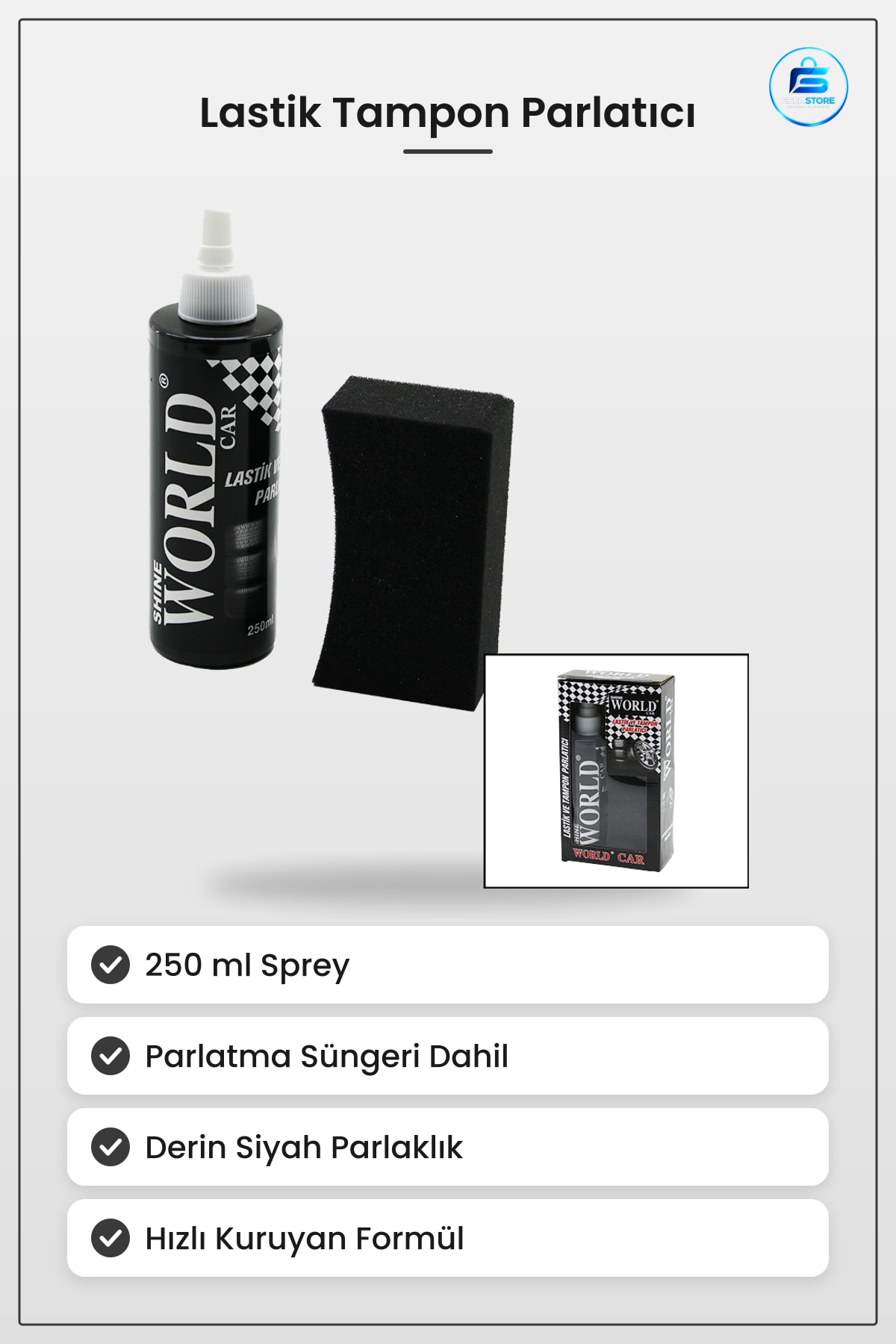 Lastik Tampon Parlatıcı Sprey 250 ml Sünger Oto Bakım Seti Derin Siyah Parlaklık