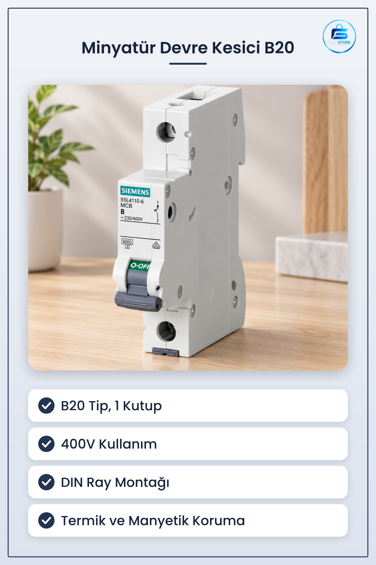 Miniatür Devre Kesici Sigorta B20 1P /400V MCB Tek Kutuplu Pano İçi Elektrik Koruma Şalteri