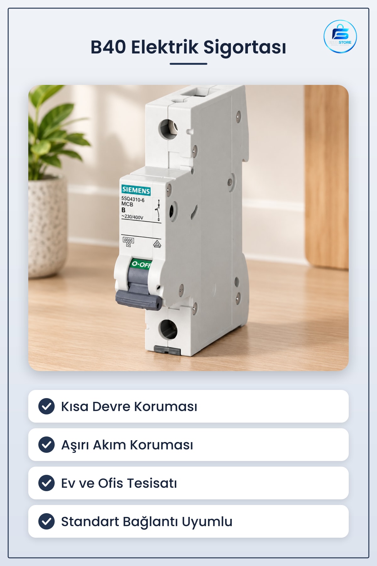 B40 Sigorta Elektrik Tesisatı Koruma Ev Ofis Küçük Ticari Kısa Devre ve Aşırı Akım Korumalı