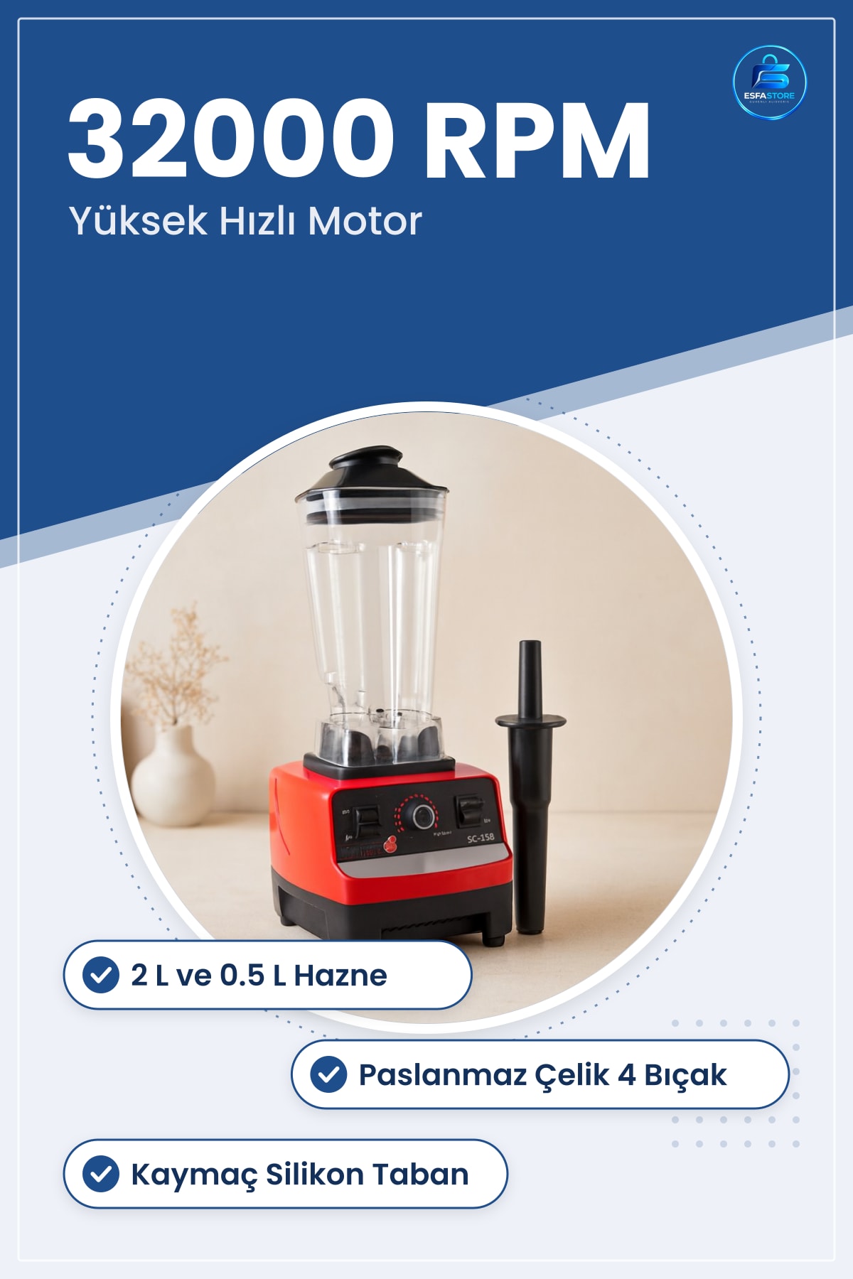 Blender Doğrayıcı 2 L ve 0.5 Hazneli RPM Buz Kırıcı Smoothie Çorba Sos Mutfak Ev Kullanımı