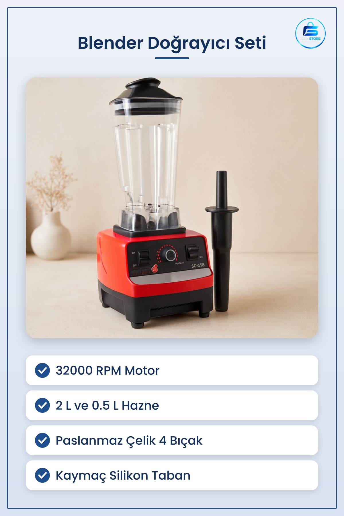Blender Doğrayıcı 2 L ve 0.5 Hazneli RPM Buz Kırıcı Smoothie Çorba Sos Mutfak Ev Kullanımı