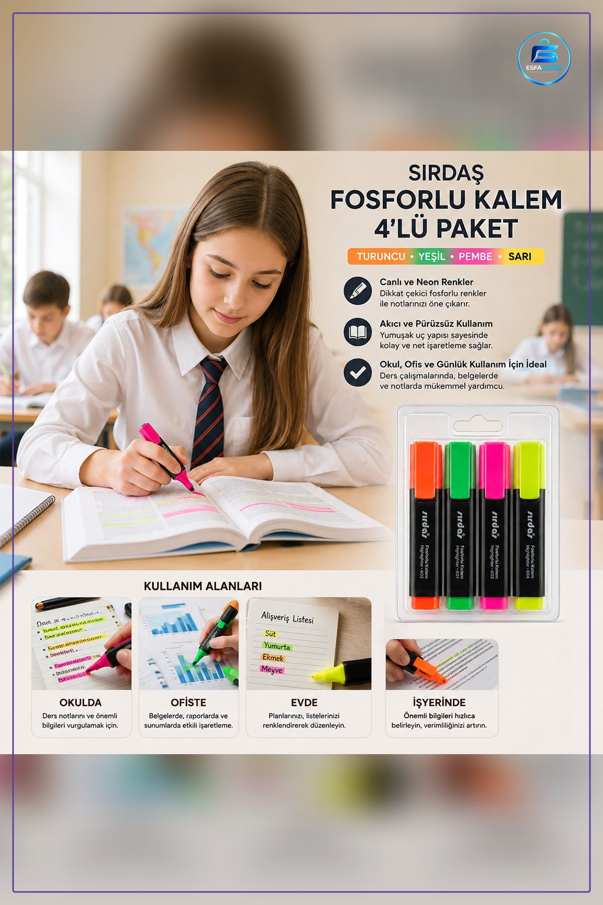 Fosforlu Kalem Turuncu Yeşil Pembe Sarı Neon Renkli Ofis Okul Ders Çalışma İşaretleyici Seti