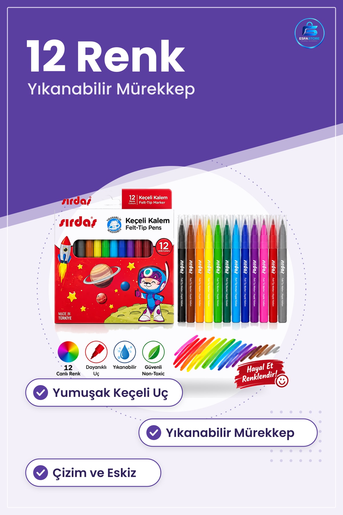 Keçeli Kalem Renk Karmaşık Set Yıkanabilir Çizim Okul Ofis Kırtasiye Eskiz Boyama
