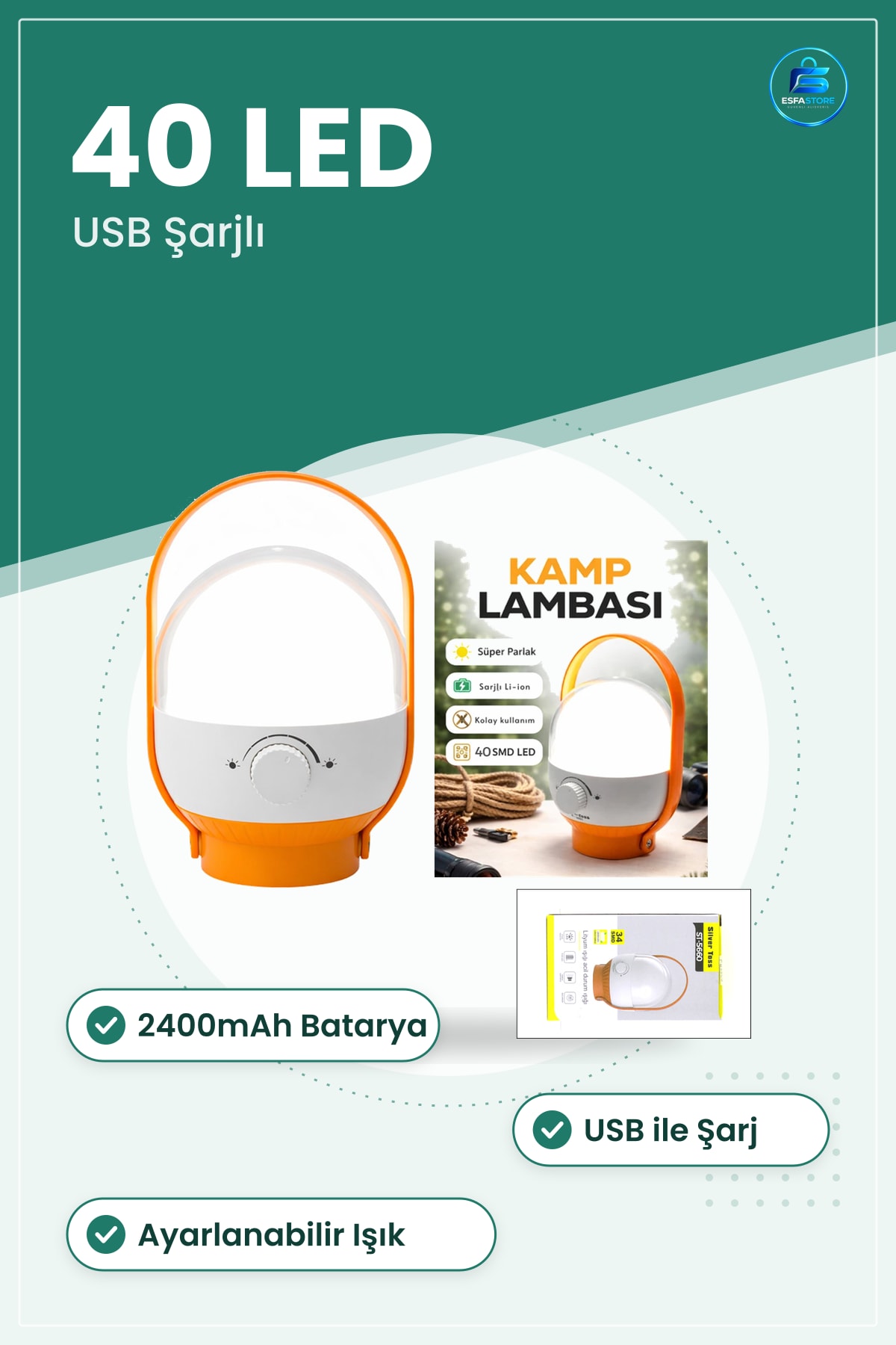 Kamp Lambası 40 LED USB Şarjlı 2400mAh 6.4W Ayarlanabilir Işık Taşınabilir El Feneri Acil Durum