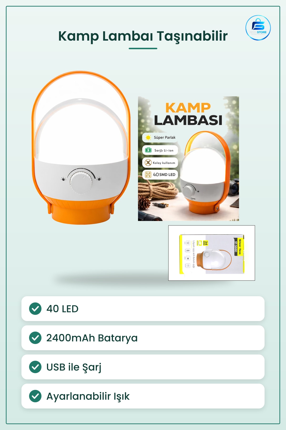 Kamp Lambası 40 LED USB Şarjlı 2400mAh 6.4W Ayarlanabilir Işık Taşınabilir El Feneri Acil Durum