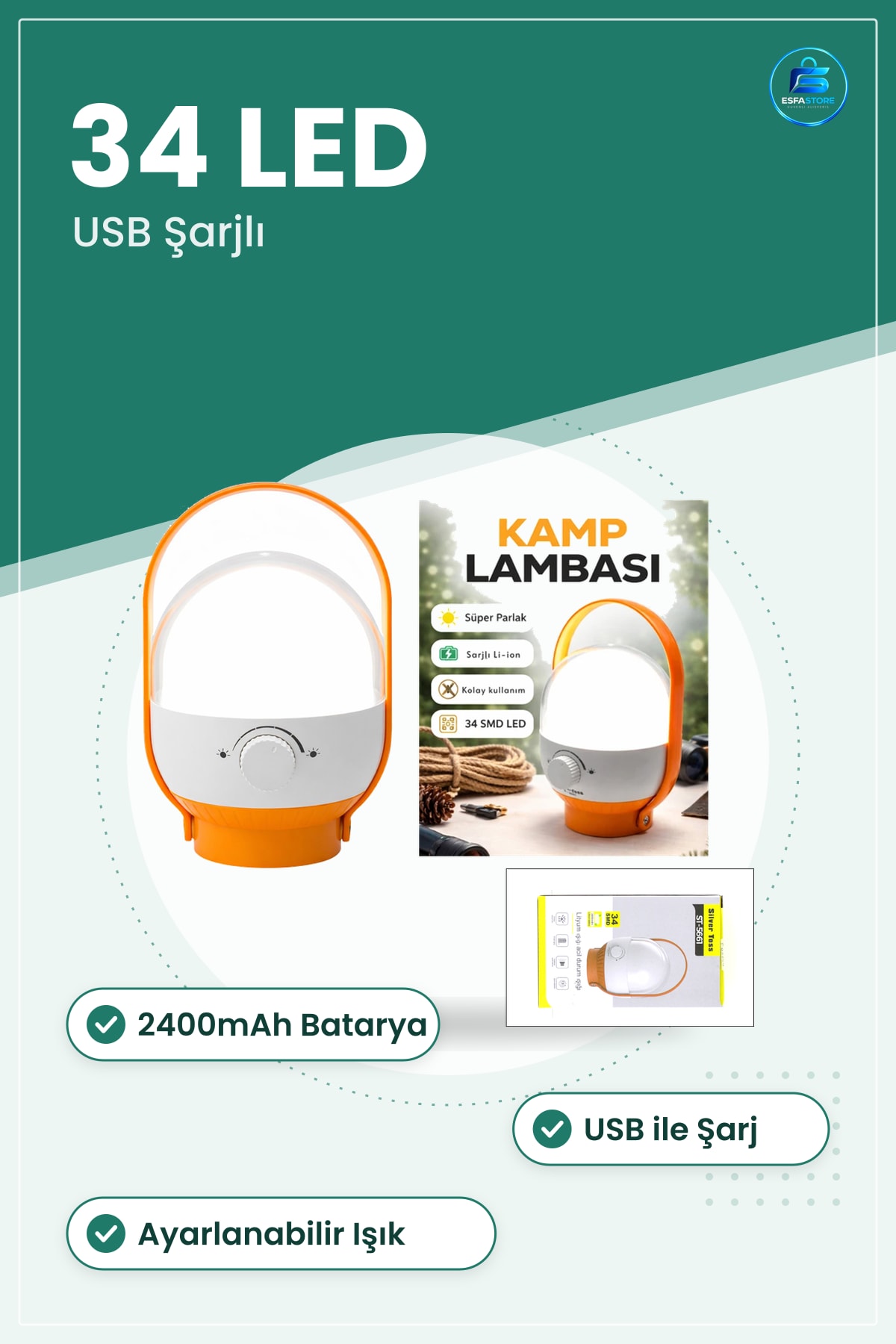 Kamp Lambası 34 LED USB Şarjlı Ayarlanabilir Işık 2400mAh Taşınabilir Askılı Dış Mekân Aydınlatma