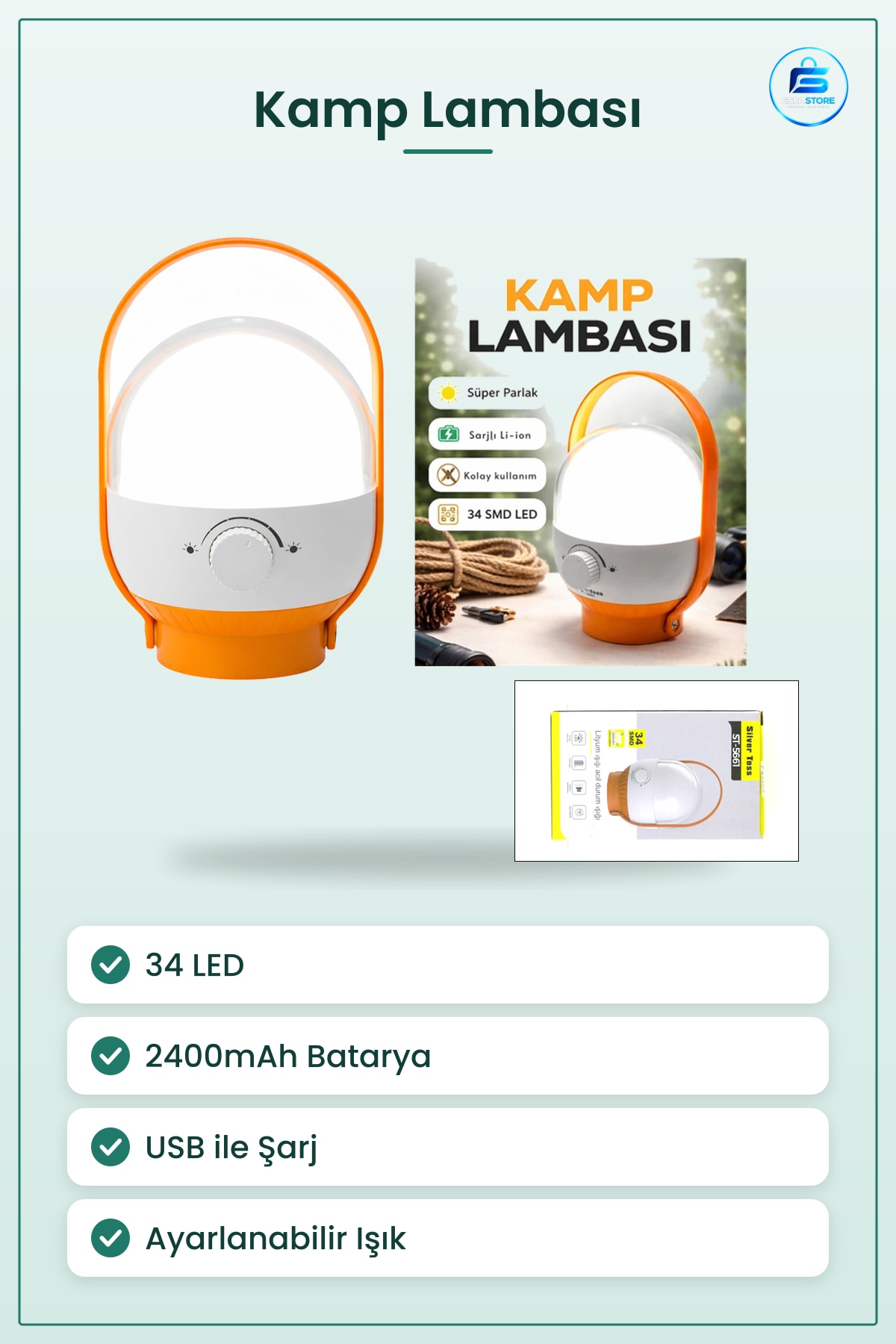 Kamp Lambası 34 LED USB Şarjlı Ayarlanabilir Işık 2400mAh Taşınabilir Askılı Dış Mekân Aydınlatma
