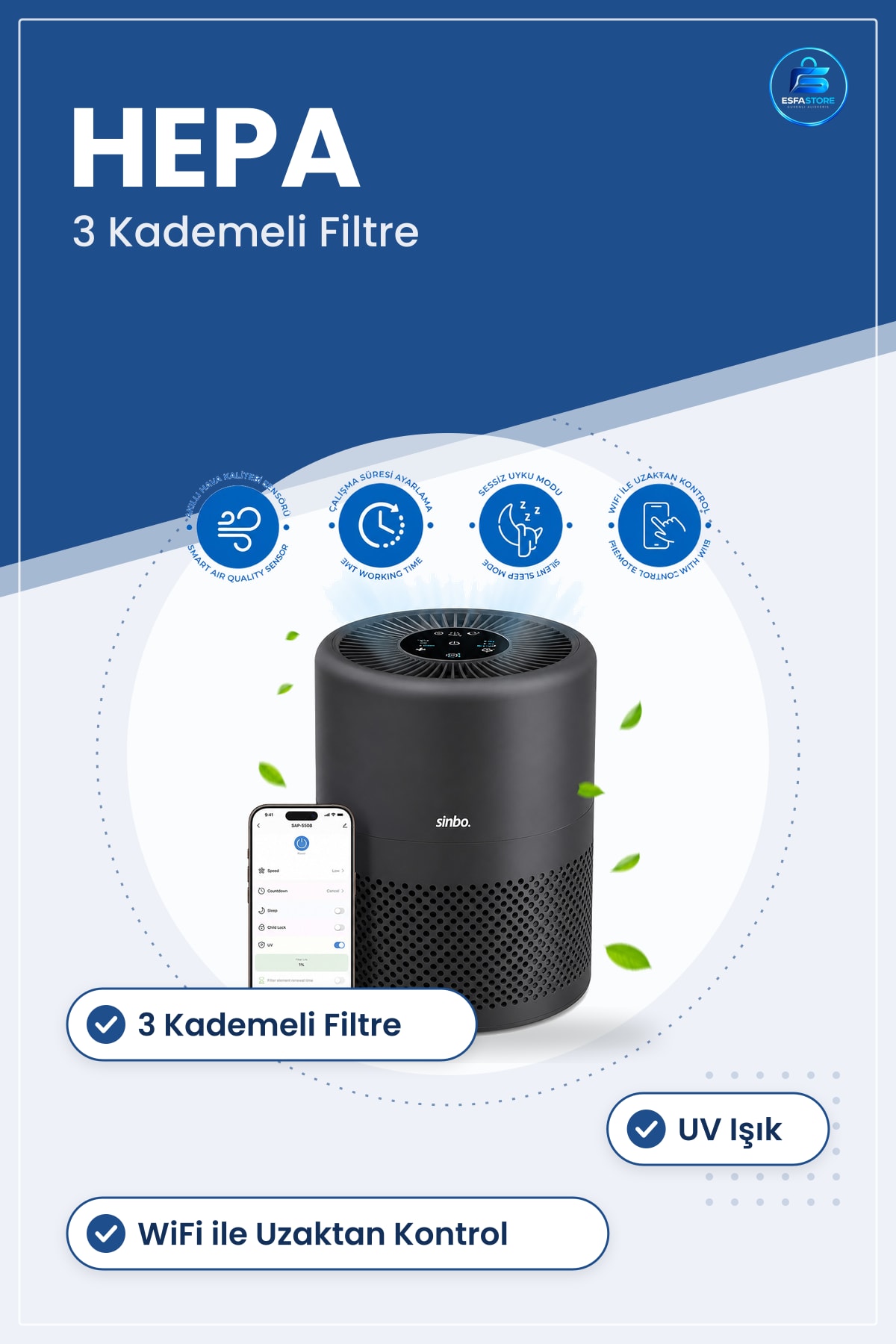 Hava Temizleyici 3 Kademeli Filtre HEPA UV WiFi Uzaktan Kontrollü Ev ve Ofis Arıtıcı