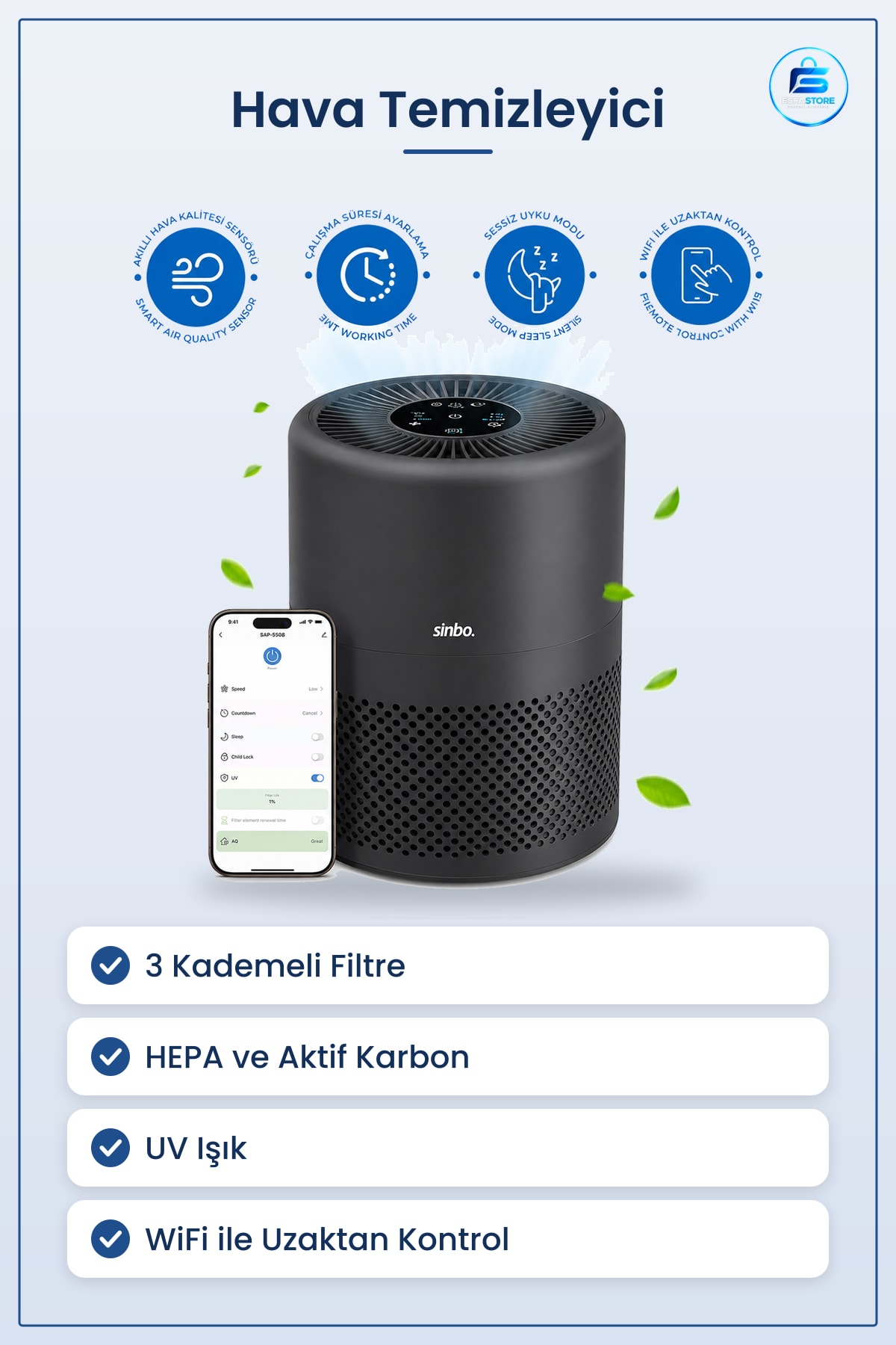 Hava Temizleyici 3 Kademeli Filtre HEPA UV WiFi Uzaktan Kontrollü Ev ve Ofis Arıtıcı