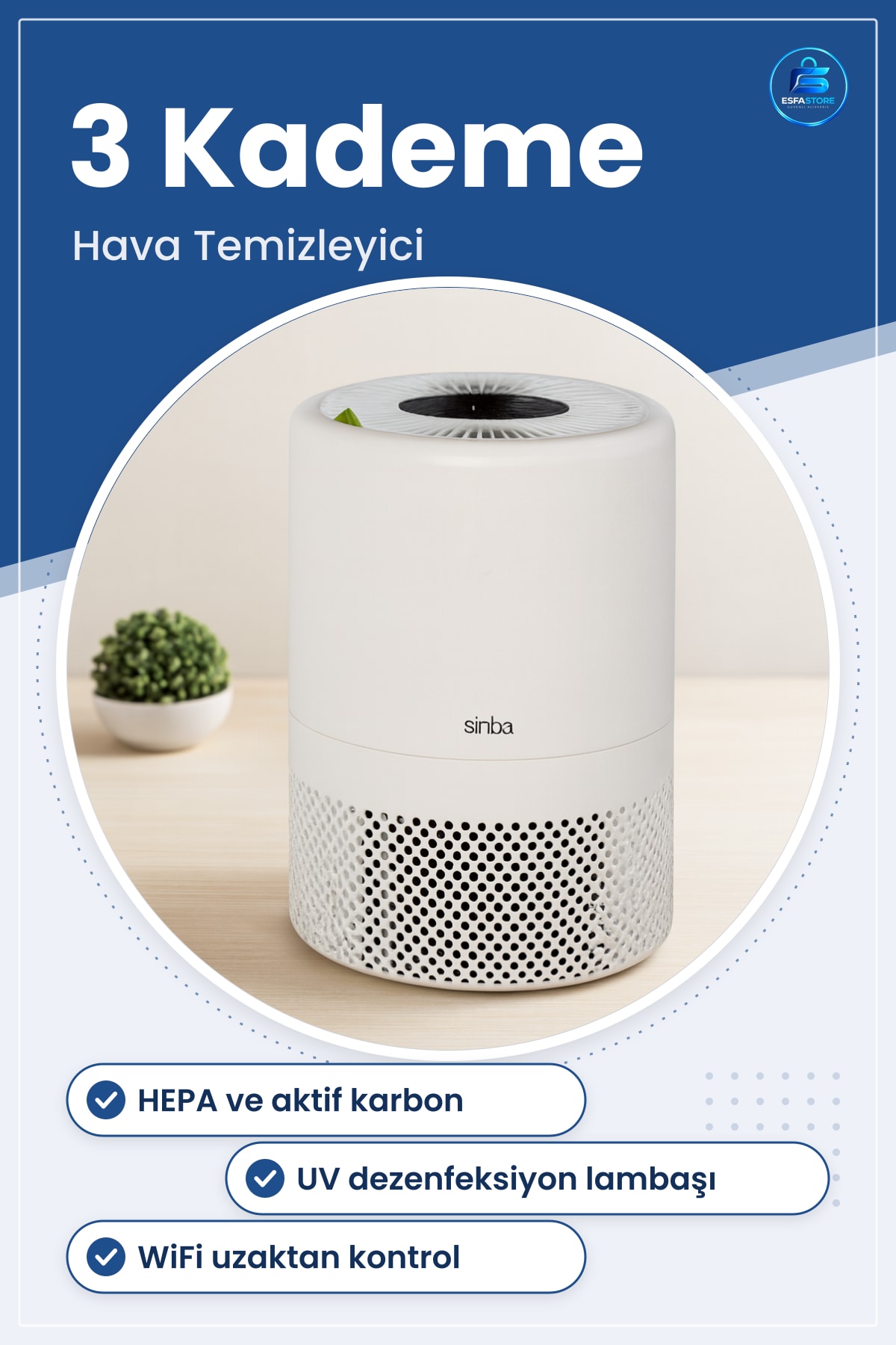 Hava Temizleyici 3 Kademe Filtre UV WiFi Kontrol HEPA Aktif Karbon Ev Ofis Yatak Odası Sessiz