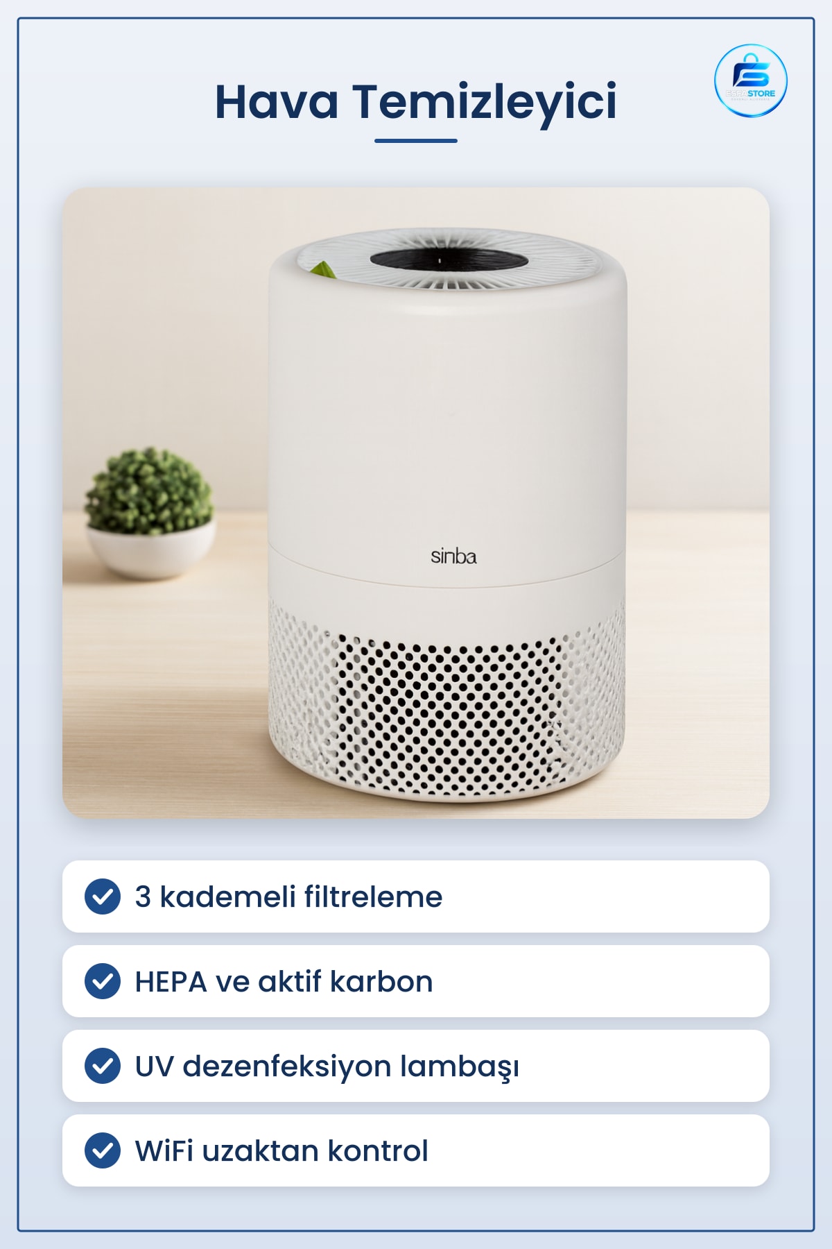 Hava Temizleyici 3 Kademe Filtre UV WiFi Kontrol HEPA Aktif Karbon Ev Ofis Yatak Odası Sessiz