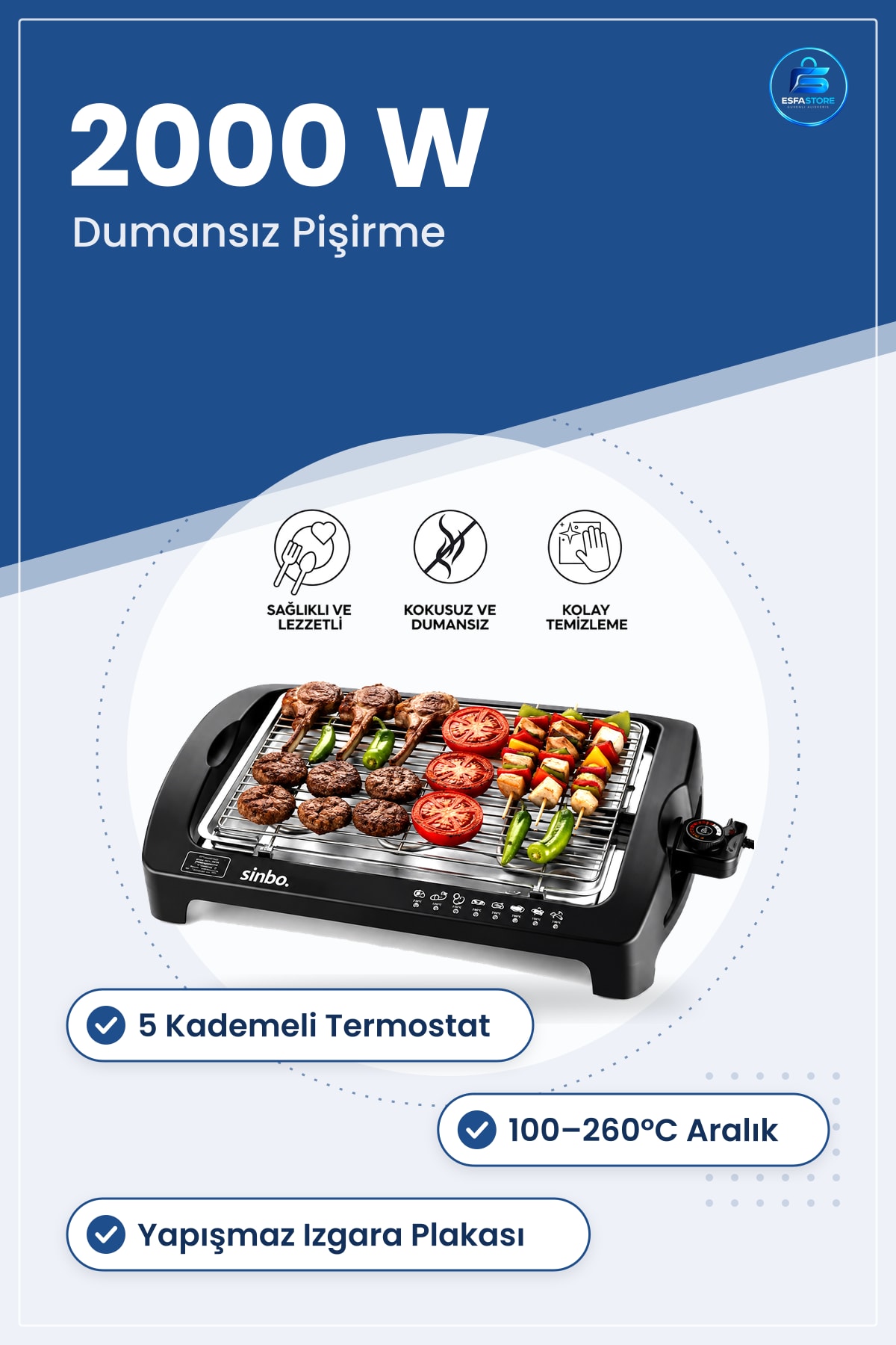 Elektrikli Izgara 2000W Dumansız Termostatlı Yapışmaz Kaplı Mutfak Kapalı Alan Pişirme Tost