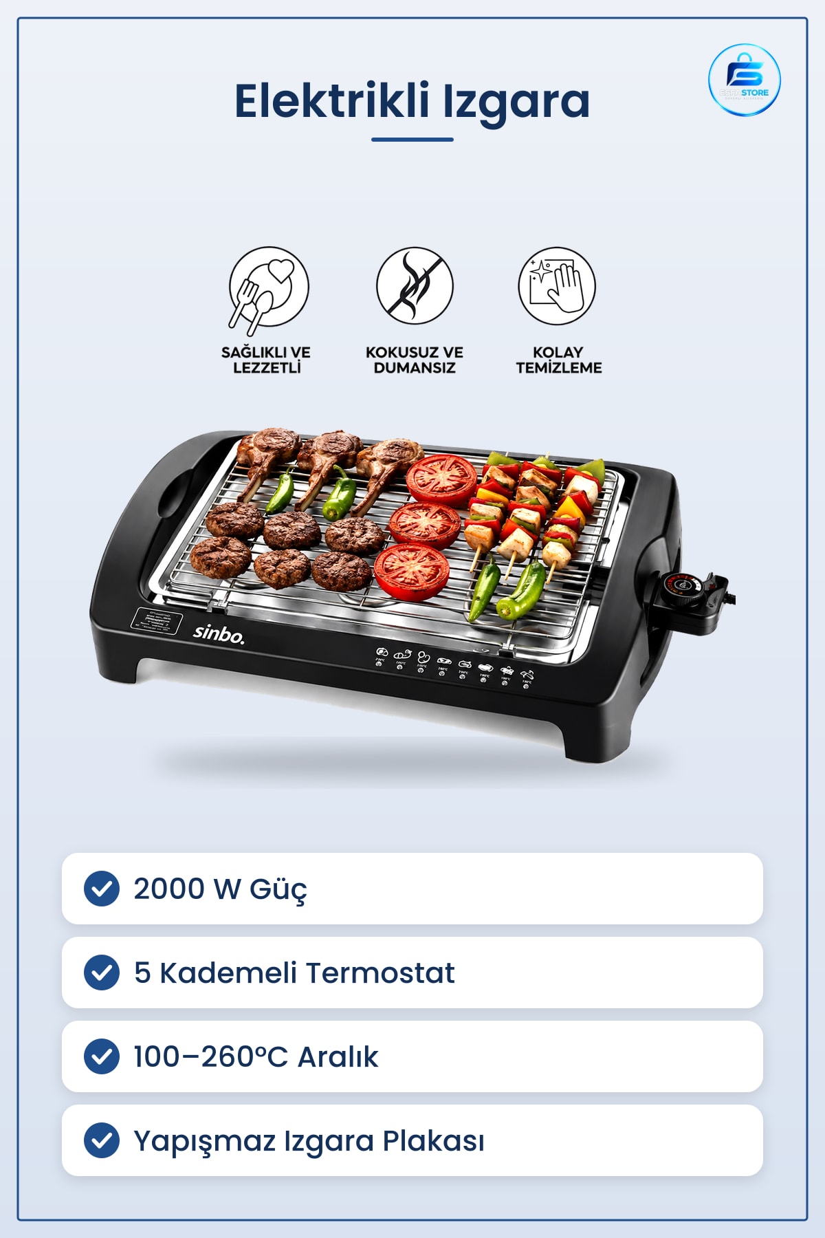 Elektrikli Izgara 2000W Dumansız Termostatlı Yapışmaz Kaplı Mutfak Kapalı Alan Pişirme Tost