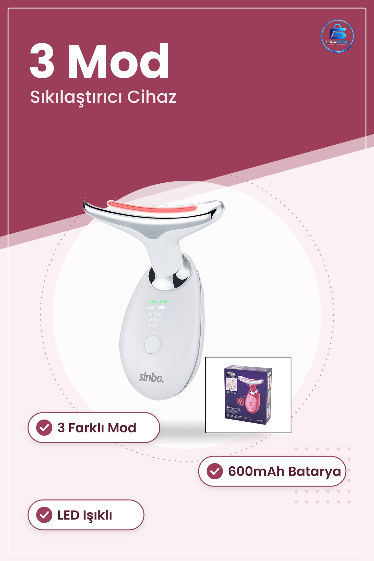 Yüz Masaj Aleti 3 Mod 600mAh Boyun Sıkılaştırıcı Cihaz Şarj Edilebilir LED Işıklı Cilt Bakım
