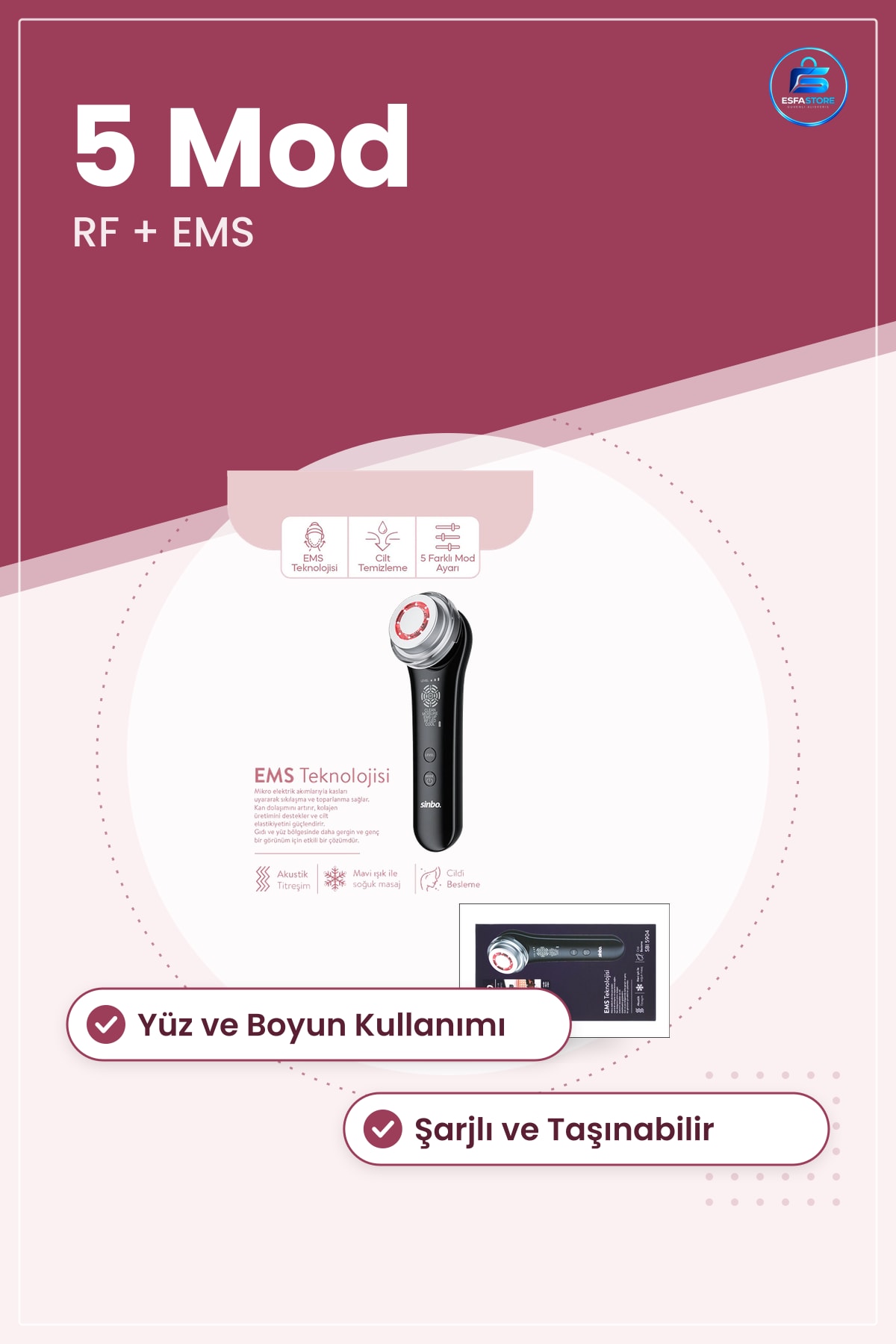 Cilt Bakım Aleti RF EMS Yüz ve Boyun Kırışıklık Giderici 5 Mod Şarjlı Sıkılaştırma Taşınabilir