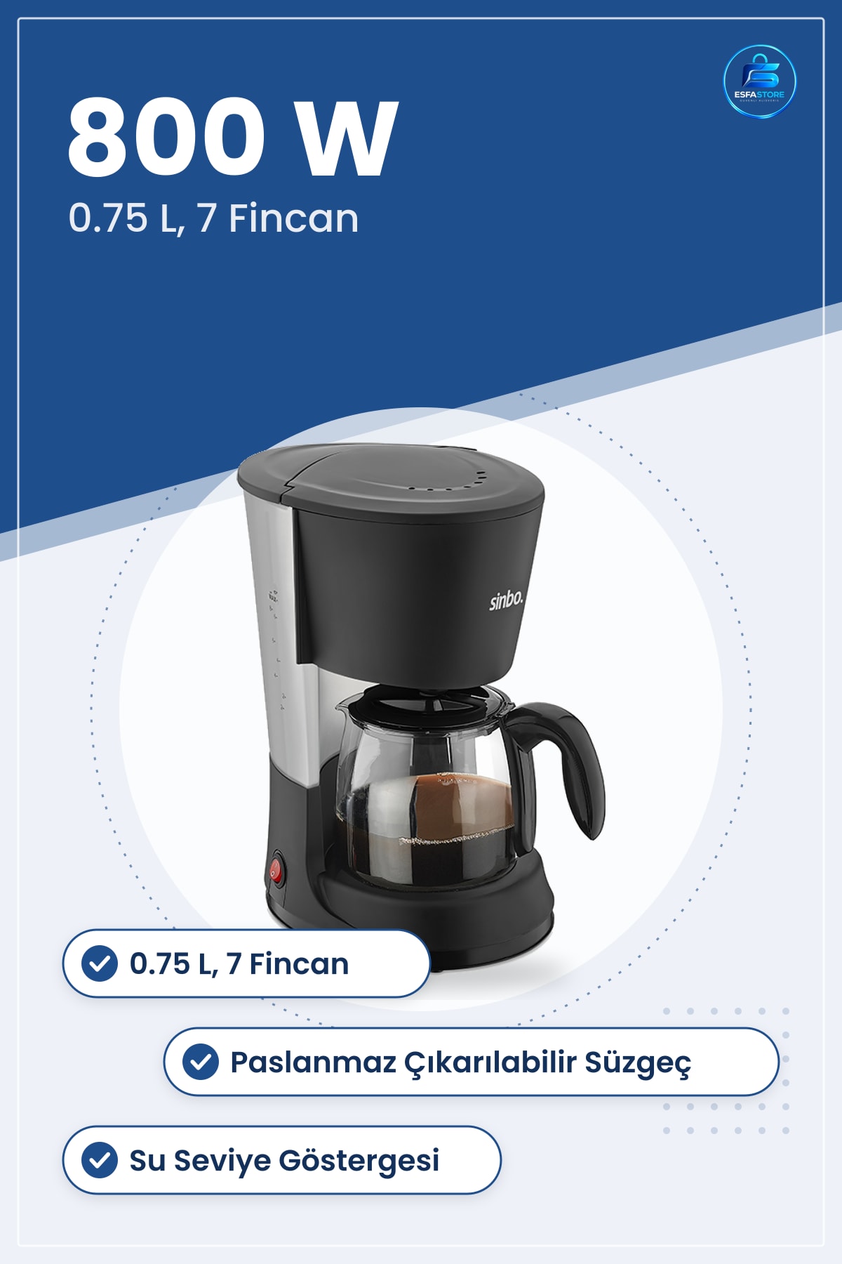 Filtre Kahve Makinesi 800W 0.75L 7 Fincan Paslanmaz Süzügeli Su Göstergeli Kolay Temizlik Ev Ofis