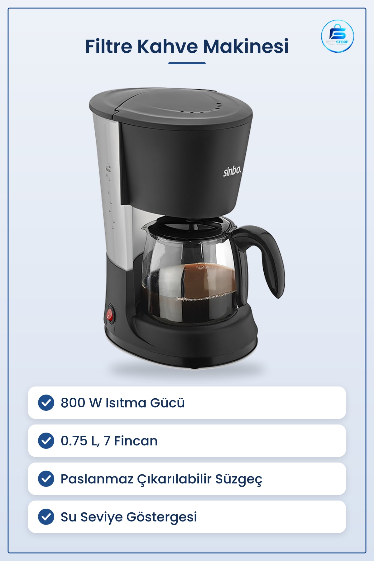 Filtre Kahve Makinesi 800W 0.75L 7 Fincan Paslanmaz Süzügeli Su Göstergeli Kolay Temizlik Ev Ofis