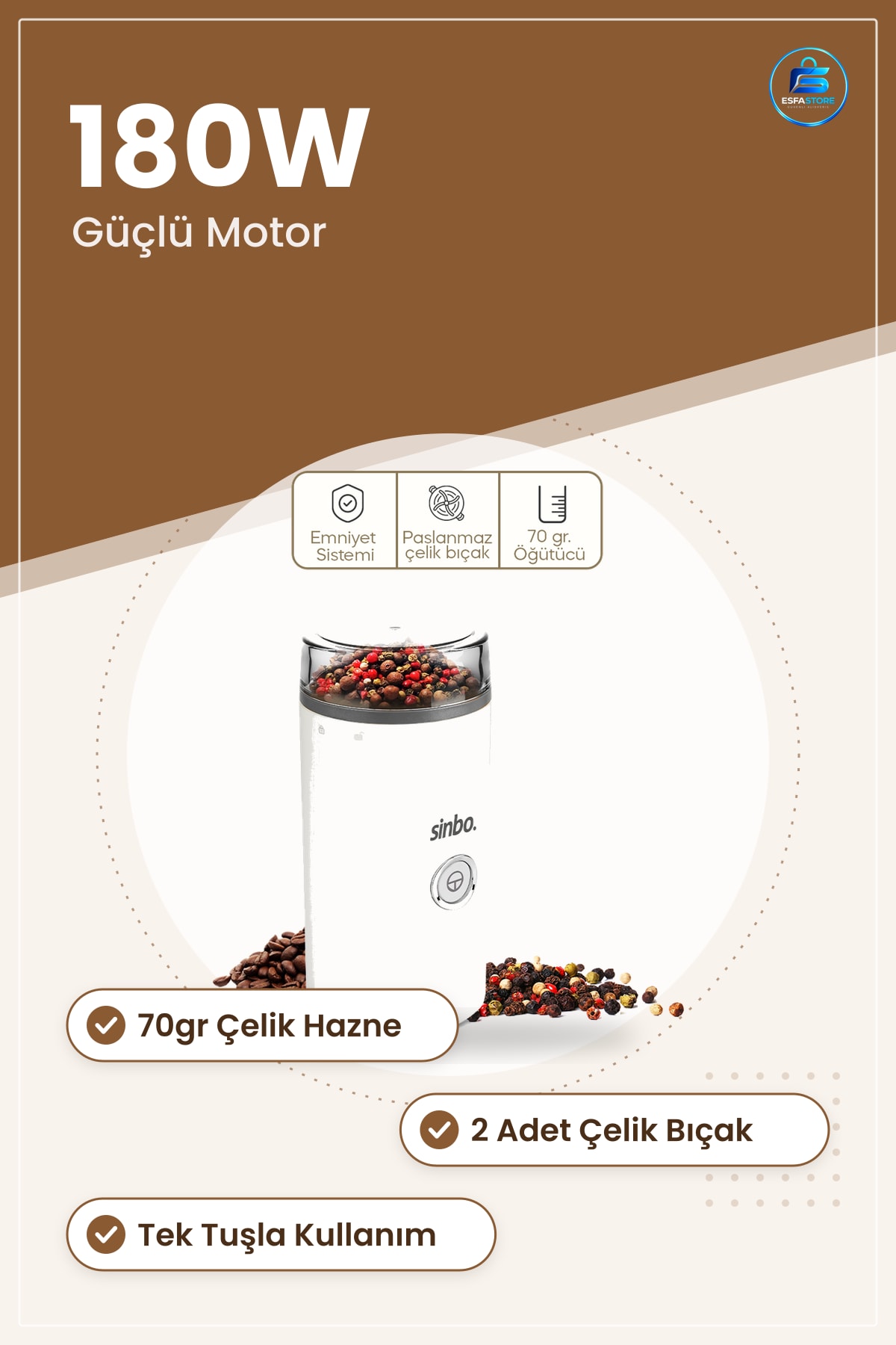 Kahve ve Baharat Öğütücü 2 Bıçaklı Çelik Hazneli 70gr 180W Değirmen Mutfak Elektrikli Paslanmaz