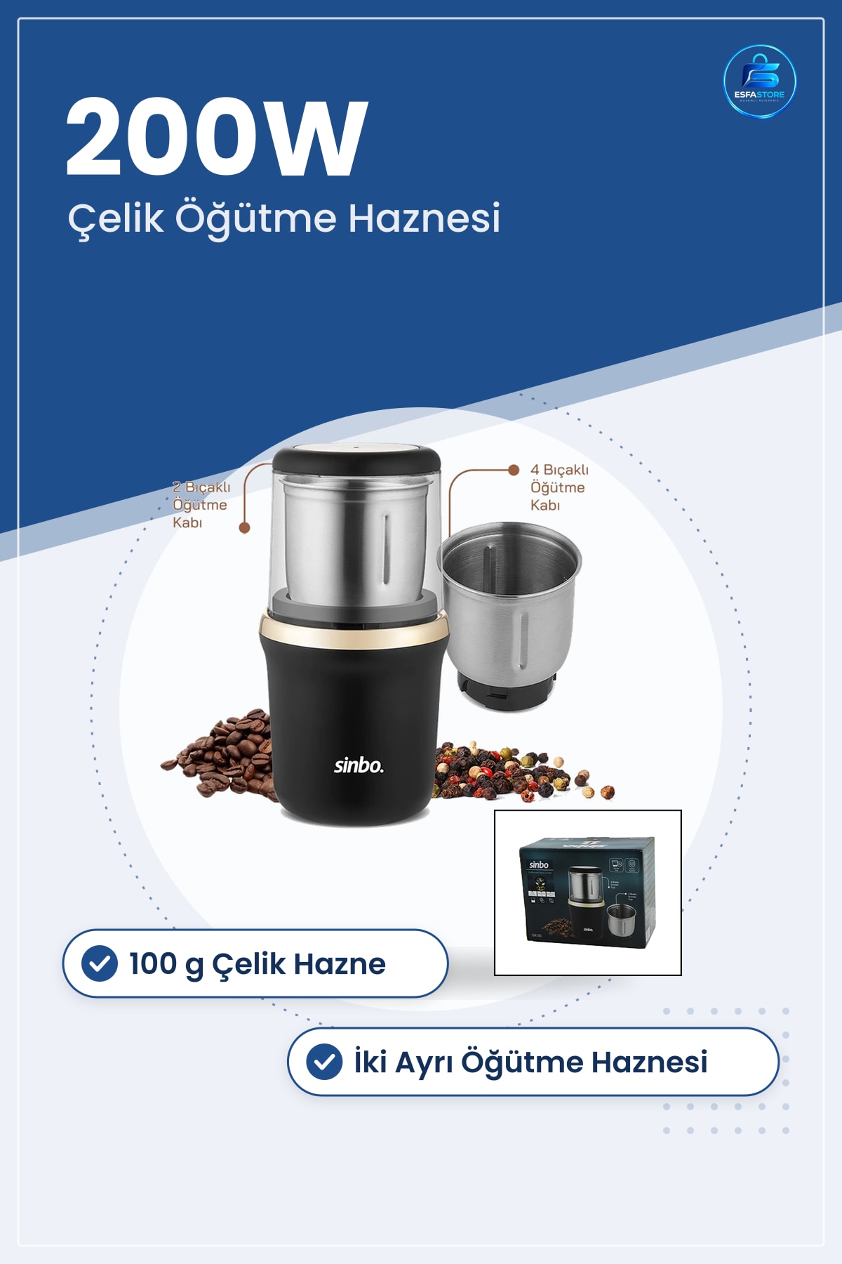Elektrikli Kahve ve Baharat Öğütücü 200W 100g Çelik Hazne Mutfak Kompakt Ev Kullanımı