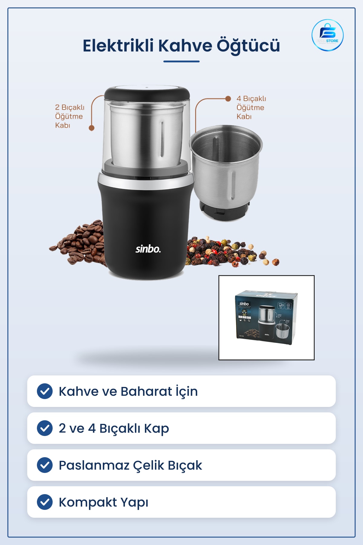 Elektrikli Kahve ve Baharat Öğütücü Paslanmaz Çelik 2 4 Bıçaklı Öğütme Kabı Mutfak Aleti
