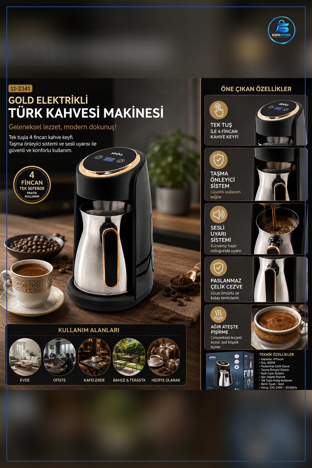 Elektrikli Türk Kahvesi Makinesi Gold Kenarlı Siyah Paslanmaz Çelik Cezve Kahve Pişirici Mutfak
