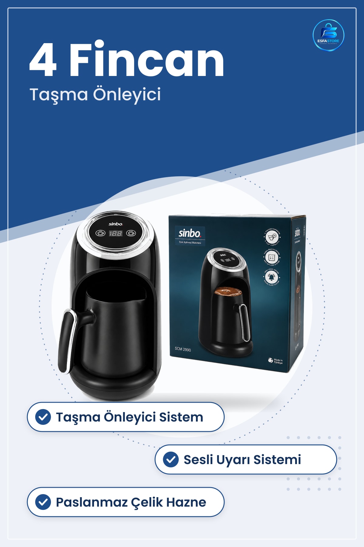Elektrikli Türk Kahvesi Makinesi 4 Fincan Kapasiteli Taşma Önleyici Sesli Uyarı Sistemli