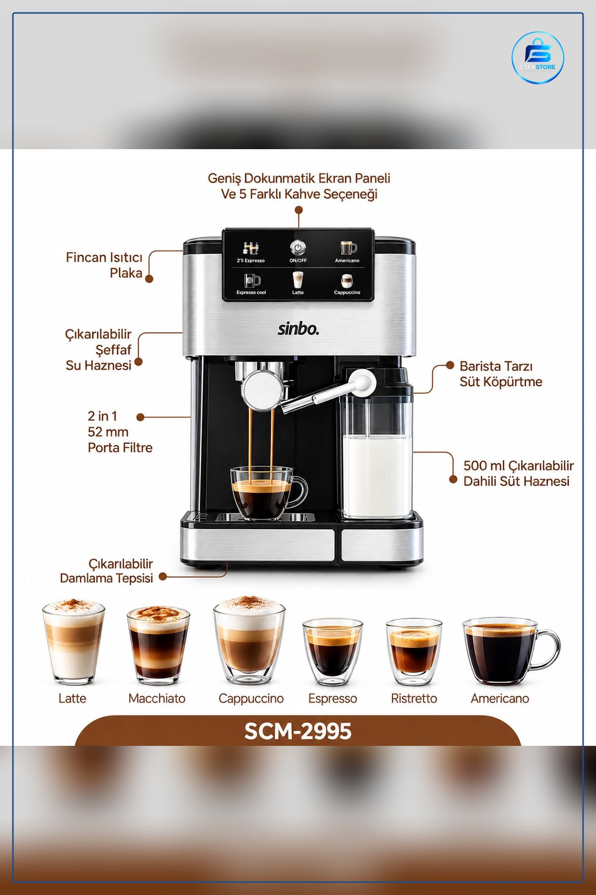 Espresso Kahve Makinesi 6 Programlı 1,5L Su 500ml Süt Hazneli 1350W Cappuccino Latte Americano