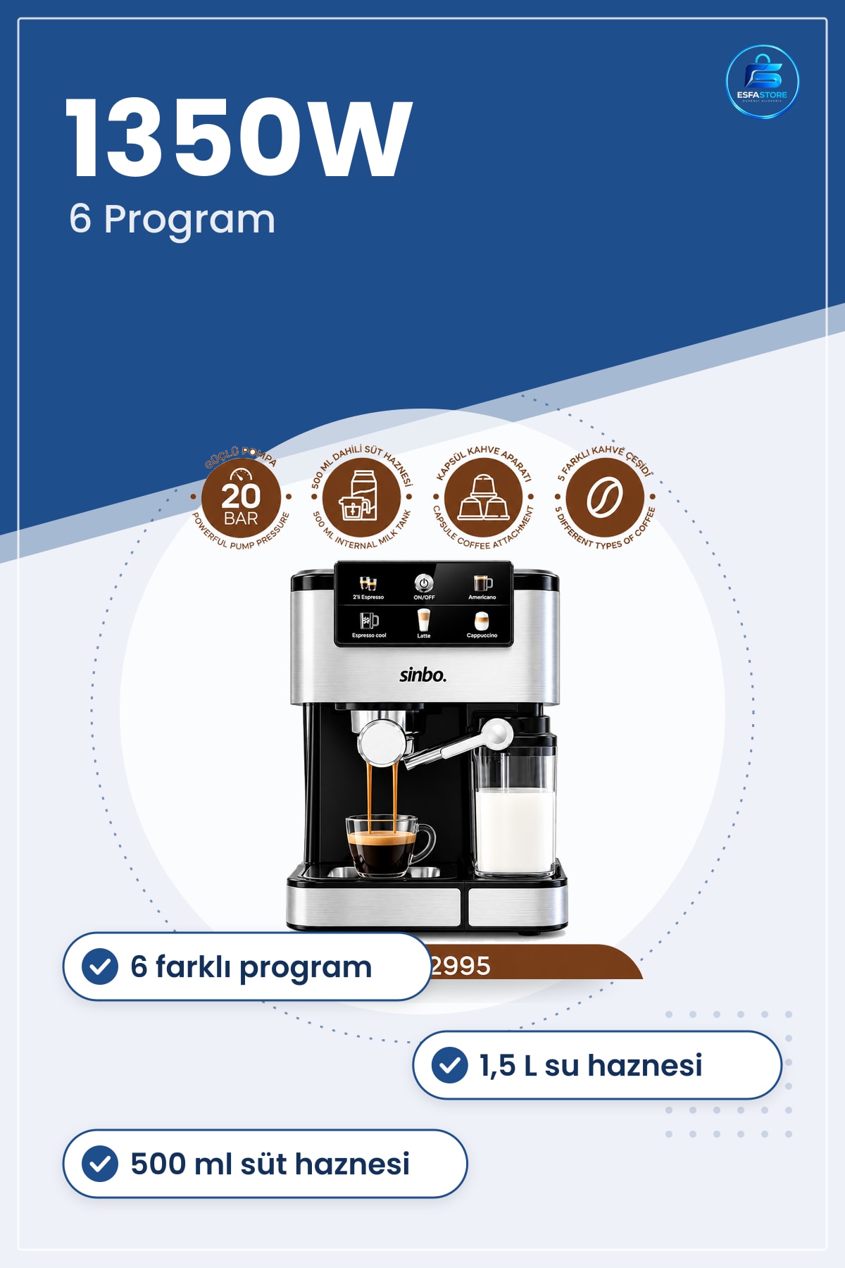 Espresso Kahve Makinesi 6 Programlı 1,5L Su 500ml Süt Hazneli 1350W Cappuccino Latte Americano