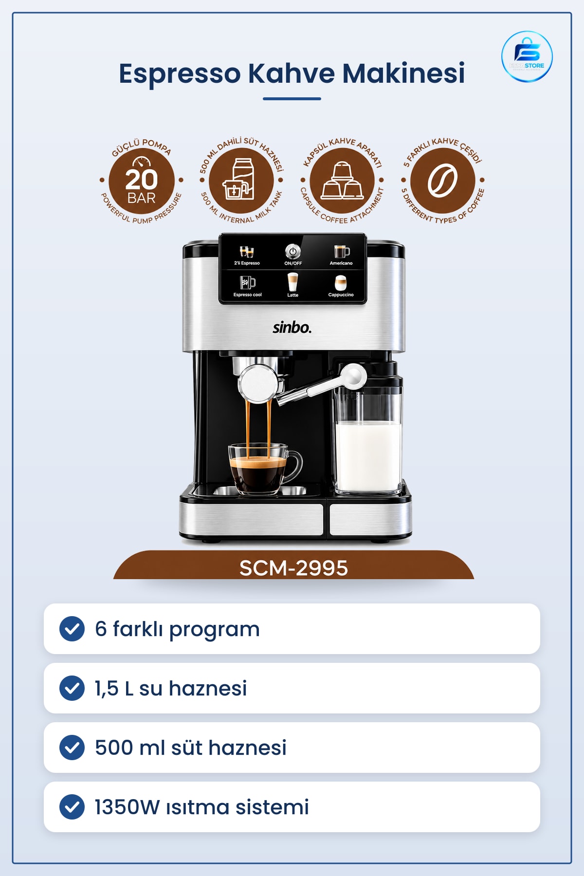 Espresso Kahve Makinesi 6 Programlı 1,5L Su 500ml Süt Hazneli 1350W Cappuccino Latte Americano