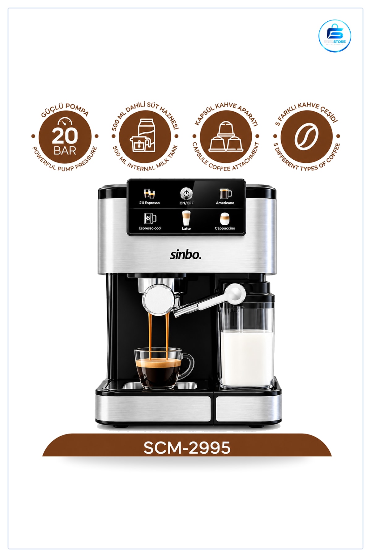 Espresso Kahve Makinesi 6 Programlı 1,5L Su 500ml Süt Hazneli 1350W Cappuccino Latte Americano