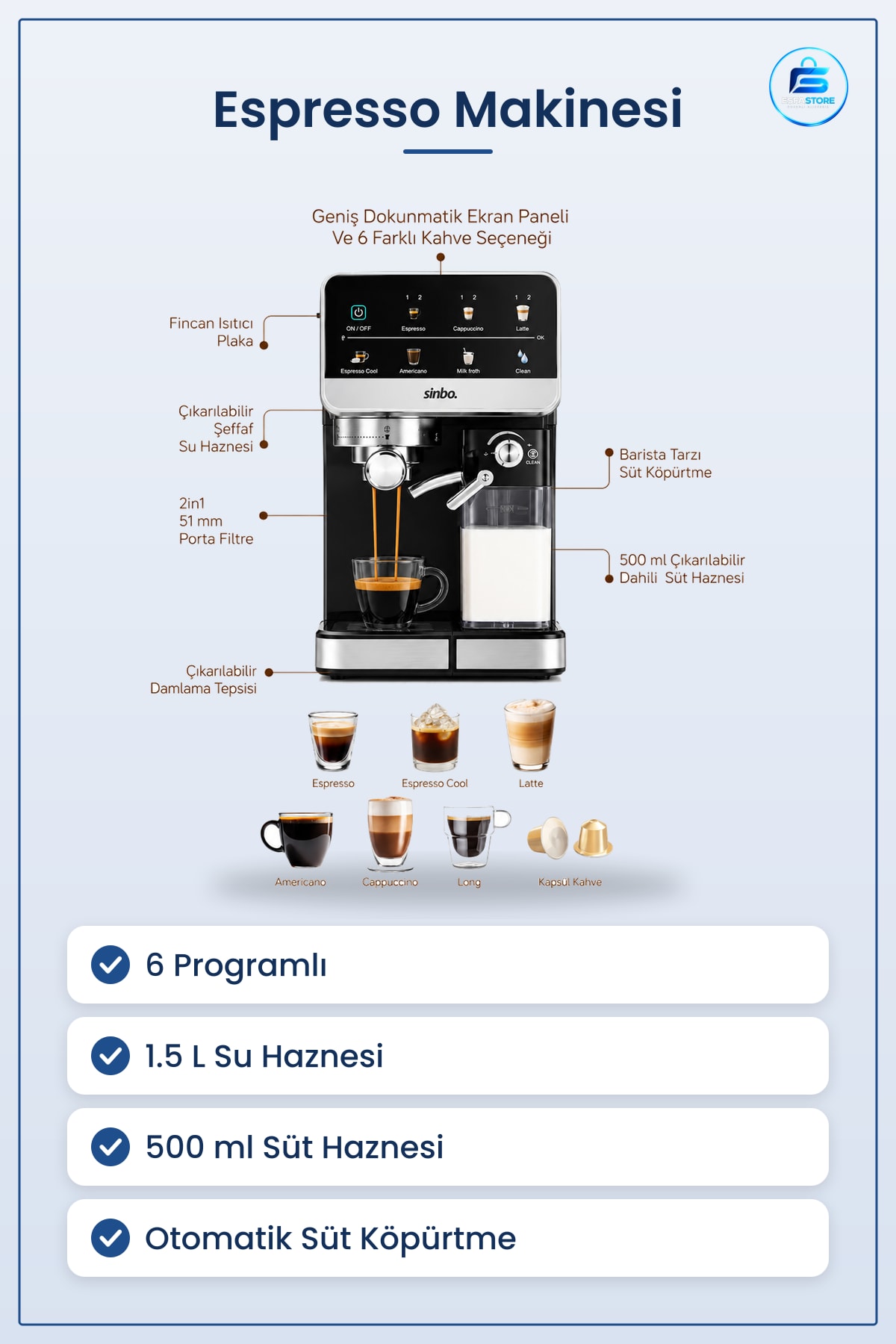 Espresso Cappuccino Makinesi 6 Programlı 1.5L Su 500ml Süt Haznesi Latte Otomatik Köpürtmeli