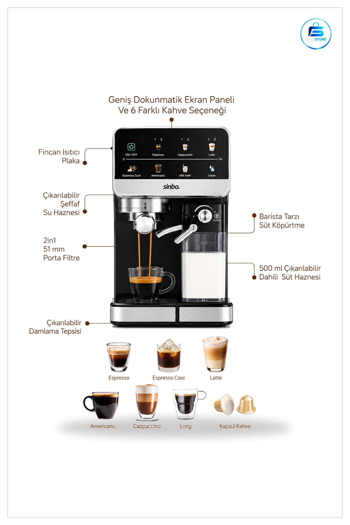 Espresso Cappuccino Makinesi 6 Programlı 1.5L Su 500ml Süt Haznesi Latte Otomatik Köpürtmeli