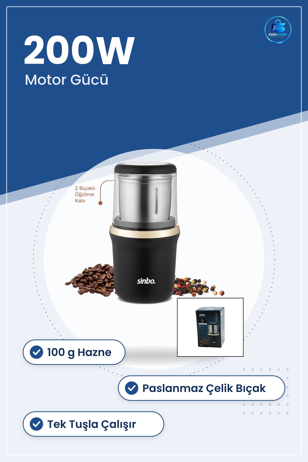Kahve ve Baharat Öğütücü 200W 100 g Paslanmaz Çelik Bıçaklı Mutfak Elektrikli Öğütme Makinesi