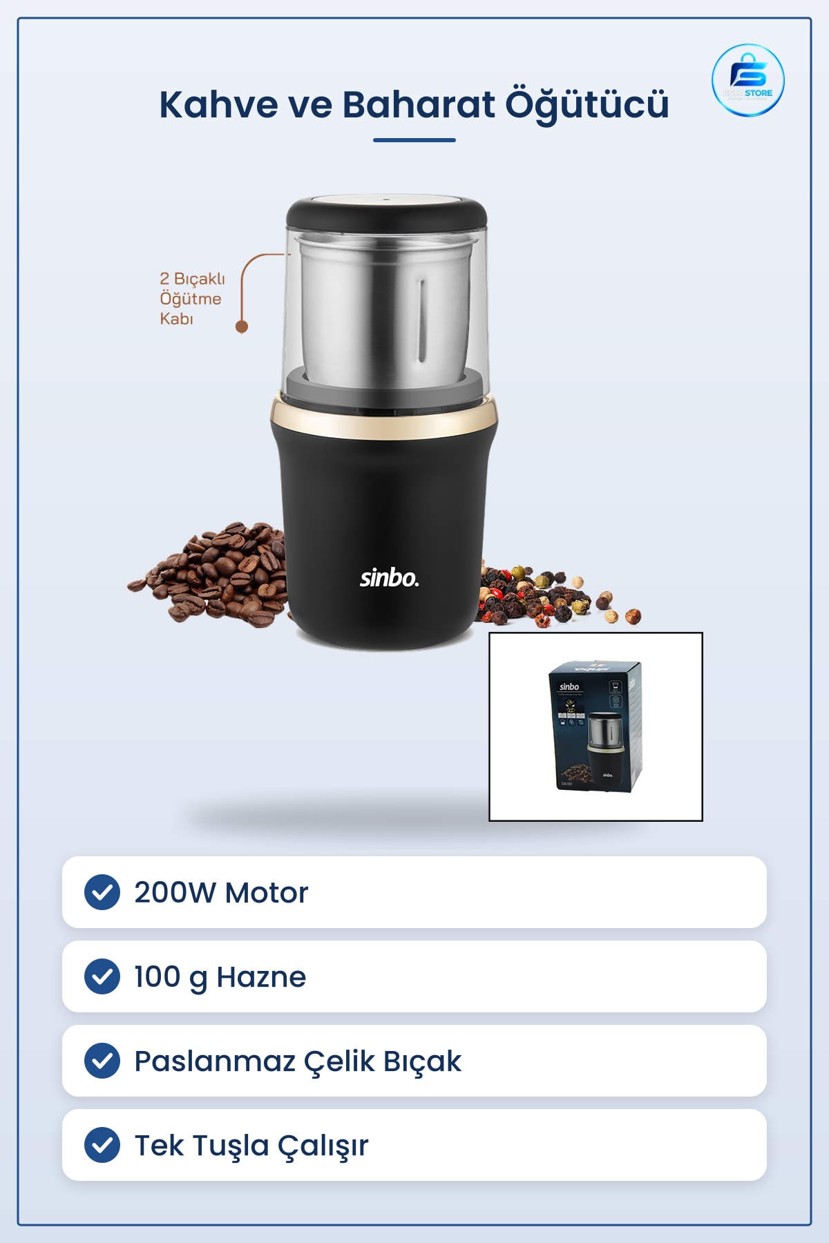 Kahve ve Baharat Öğütücü 200W 100 g Paslanmaz Çelik Bıçaklı Mutfak Elektrikli Öğütme Makinesi