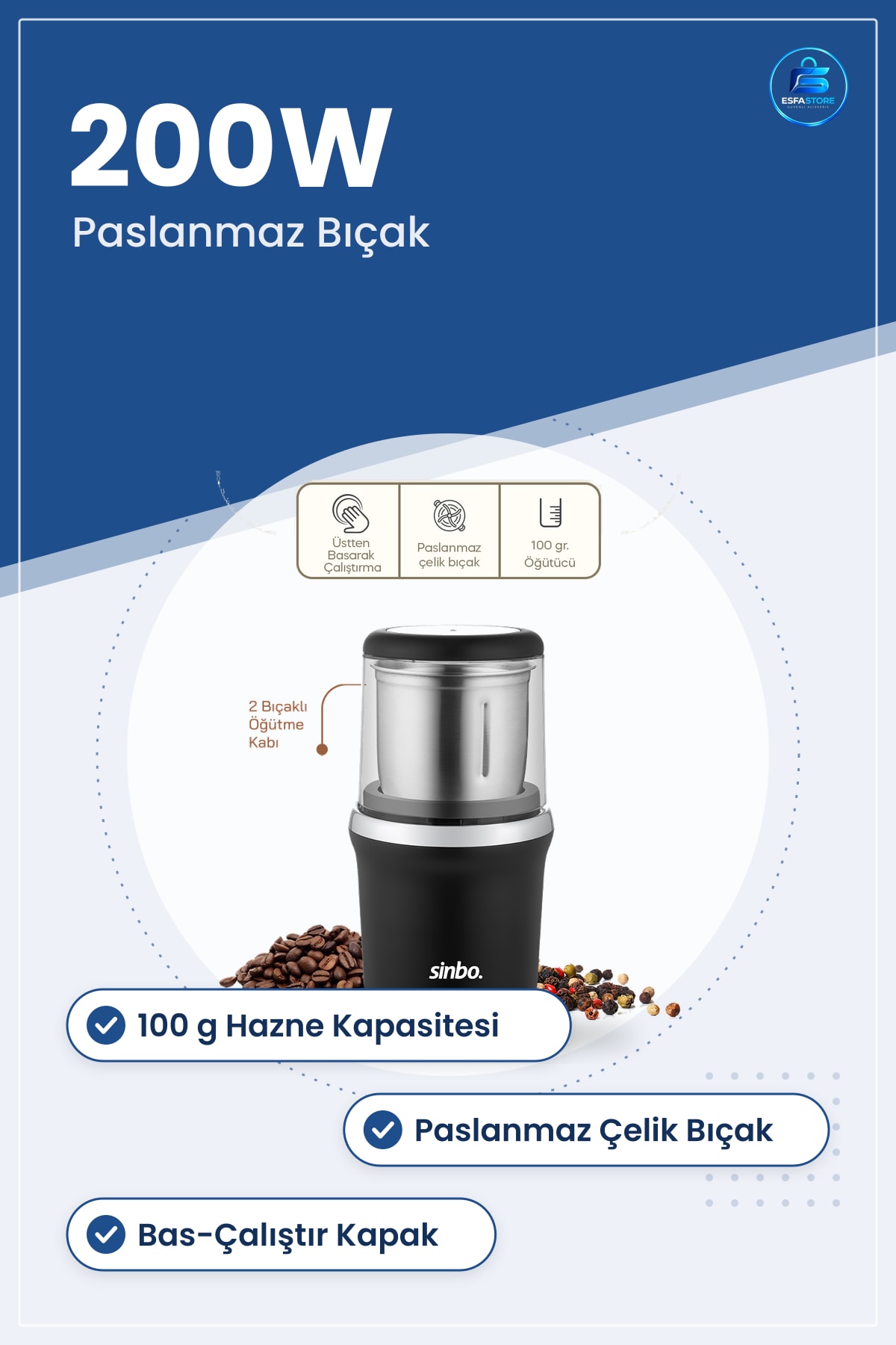 Kahve ve Baharat Öğütücü 200W 100g Paslanmaz Çelik Bıçaklı Elektrikli Mutfak Öğütme Cihazı