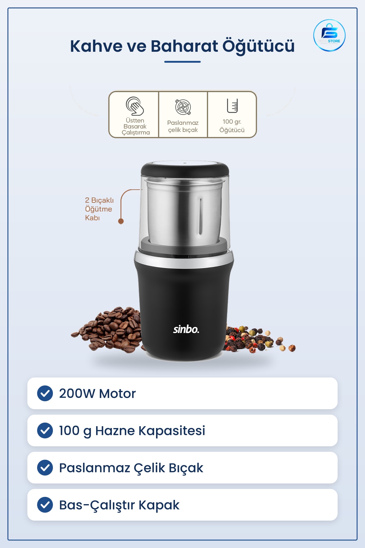 Kahve ve Baharat Öğütücü 200W 100g Paslanmaz Çelik Bıçaklı Elektrikli Mutfak Öğütme Cihazı