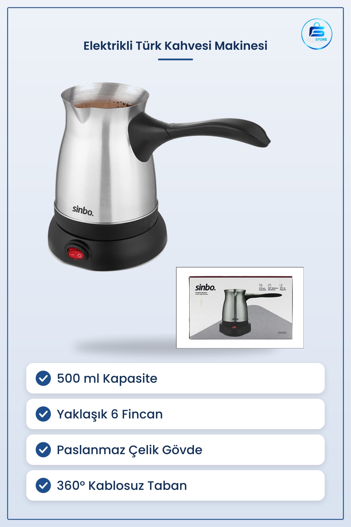 Türk Kahvesi Makinesi Çelik Elektrikli Cezve 500 ml 6 Fincan ° Kablosuz Katlanƒ±r Kulp Paslanmaz