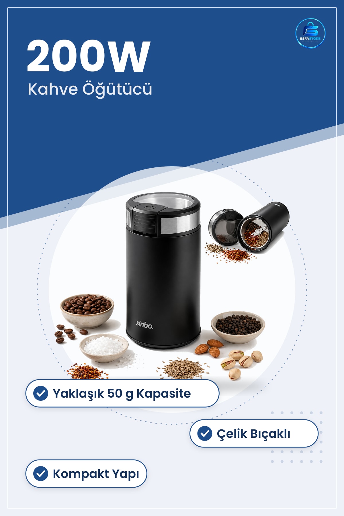 Kahve ve Baharat Öğütücü 200W 50g Çelik Bıçaklı Elektrikli Mutfak Kompakt Öğütme Makinesi