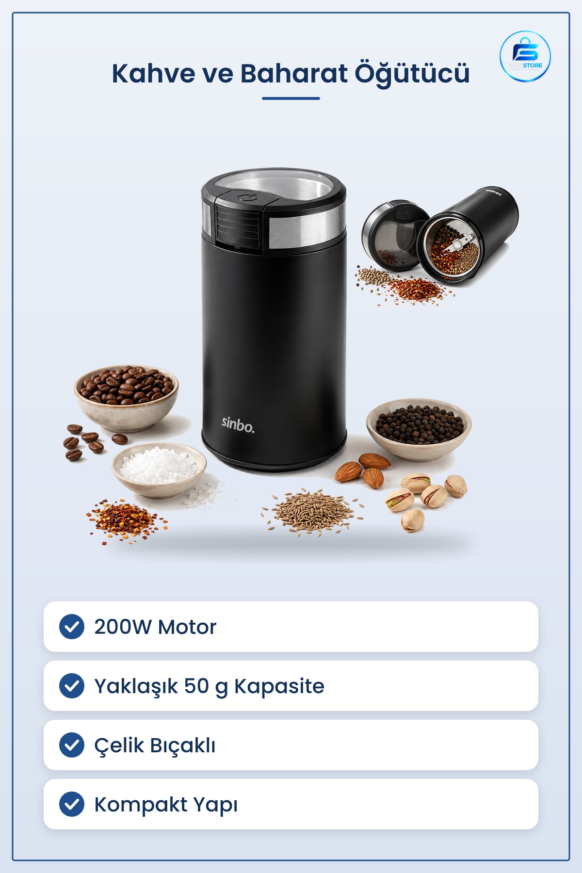 Kahve ve Baharat Öğütücü 200W 50g Çelik Bıçaklı Elektrikli Mutfak Kompakt Öğütme Makinesi