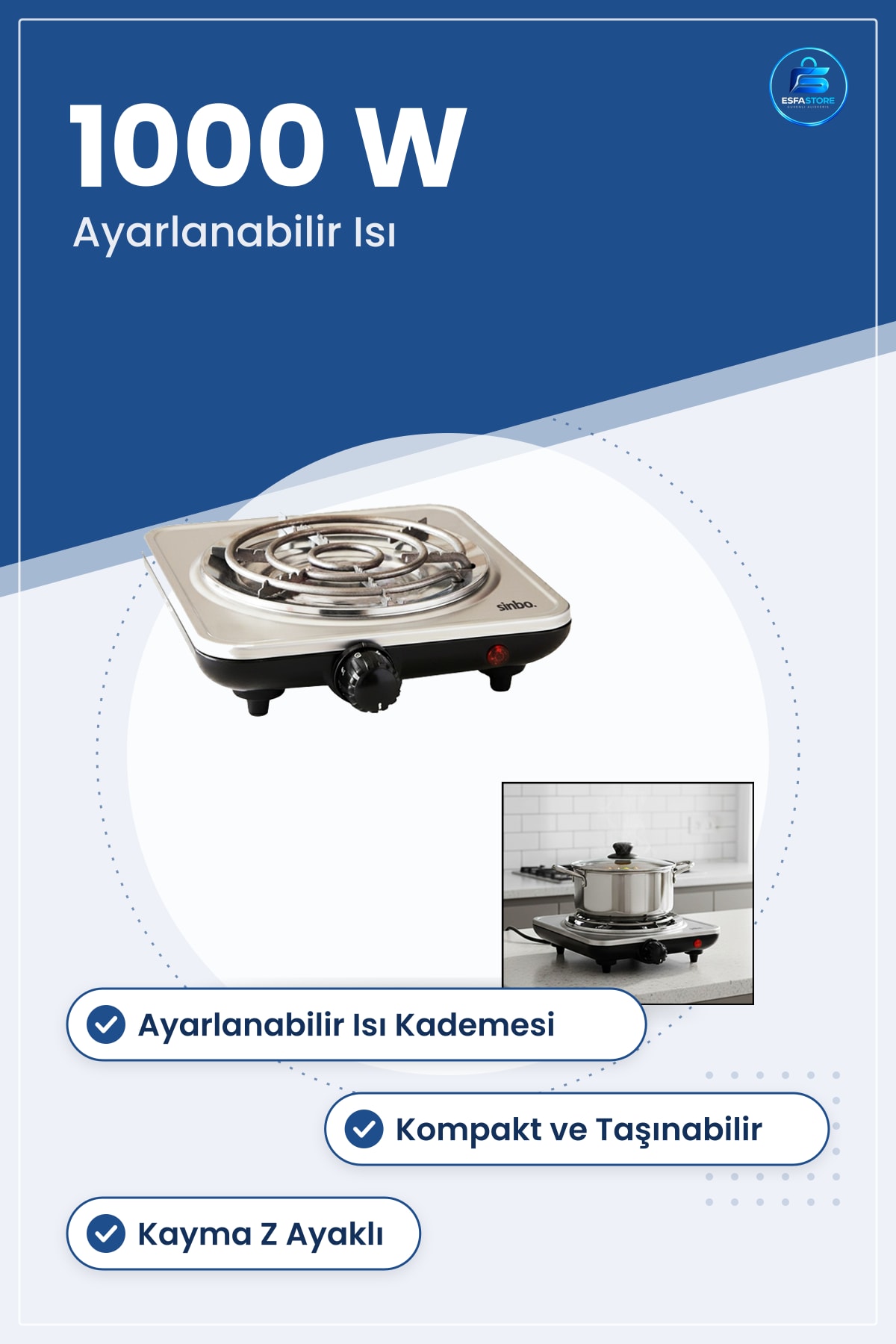 Tek Gözlü Elektrikli Ocak 1000W Ayarlanabilir Isı Kontrollü Kompakt Mutfak Kamp Ofis İçin