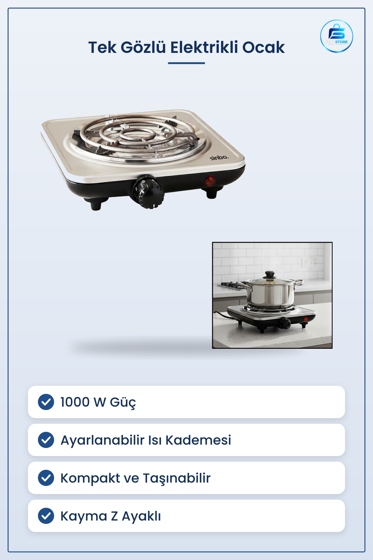 Tek Gözlü Elektrikli Ocak 1000W Ayarlanabilir Isı Kontrollü Kompakt Mutfak Kamp Ofis İçin