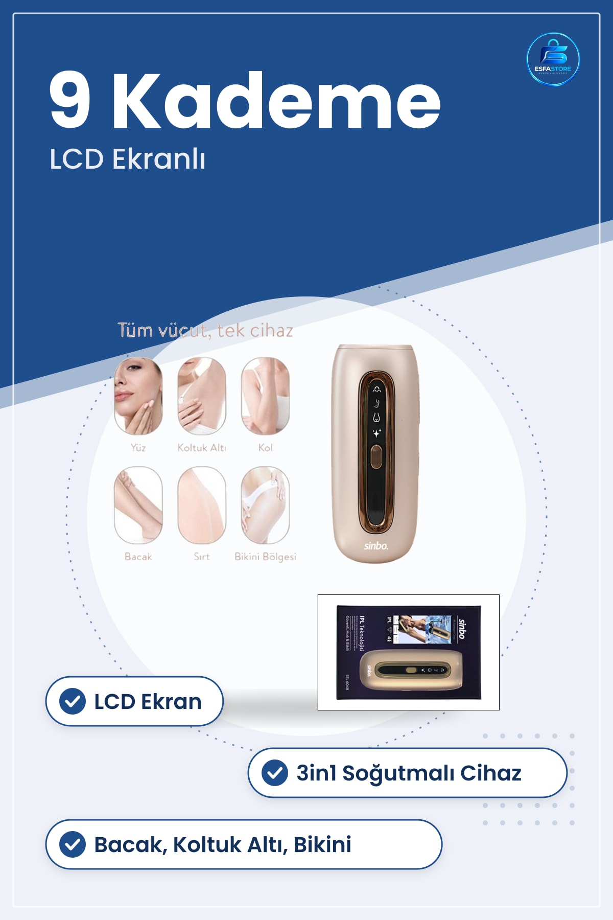 IPL Lazer Epilasyon Aleti 3in1 Soğutmalı 9 Kademe LCD Ekran Evde Kullanım Epilatör Cihazı