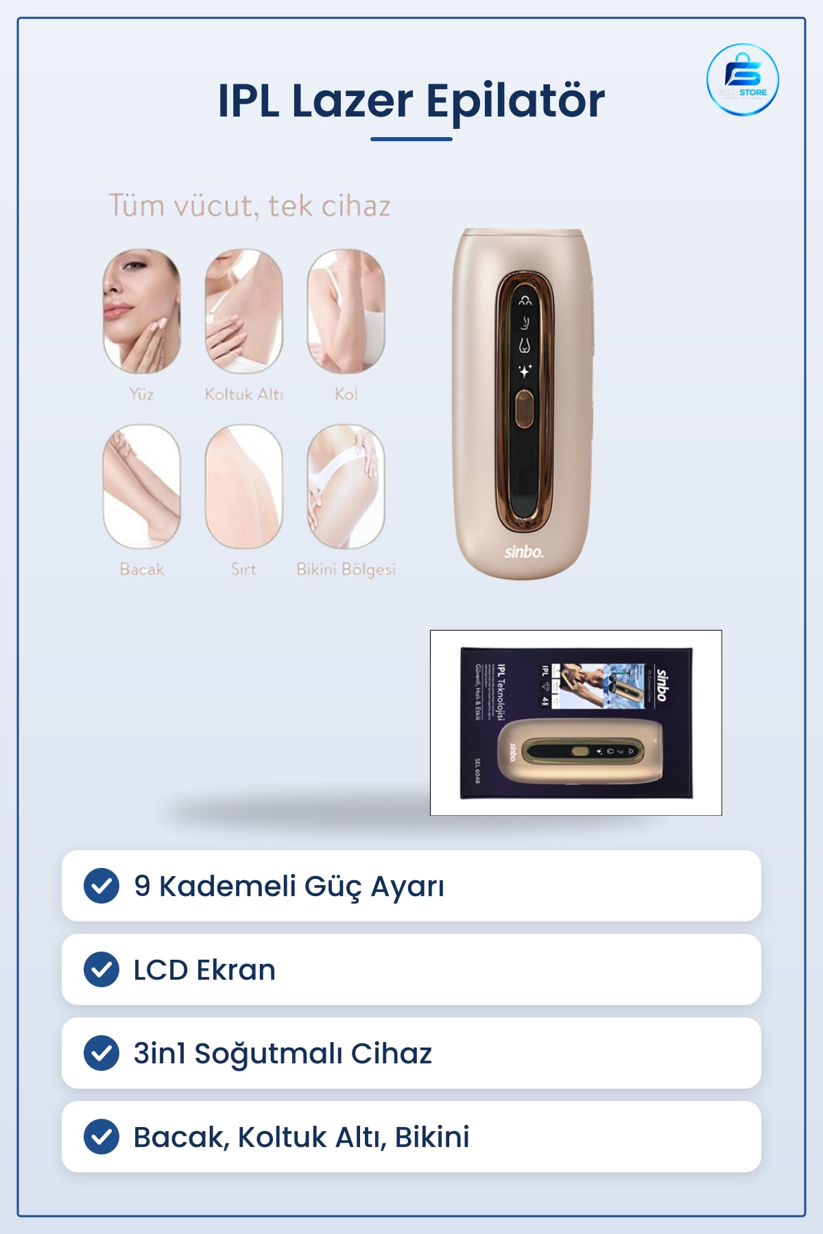IPL Lazer Epilasyon Aleti 3in1 Soğutmalı 9 Kademe LCD Ekran Evde Kullanım Epilatör Cihazı